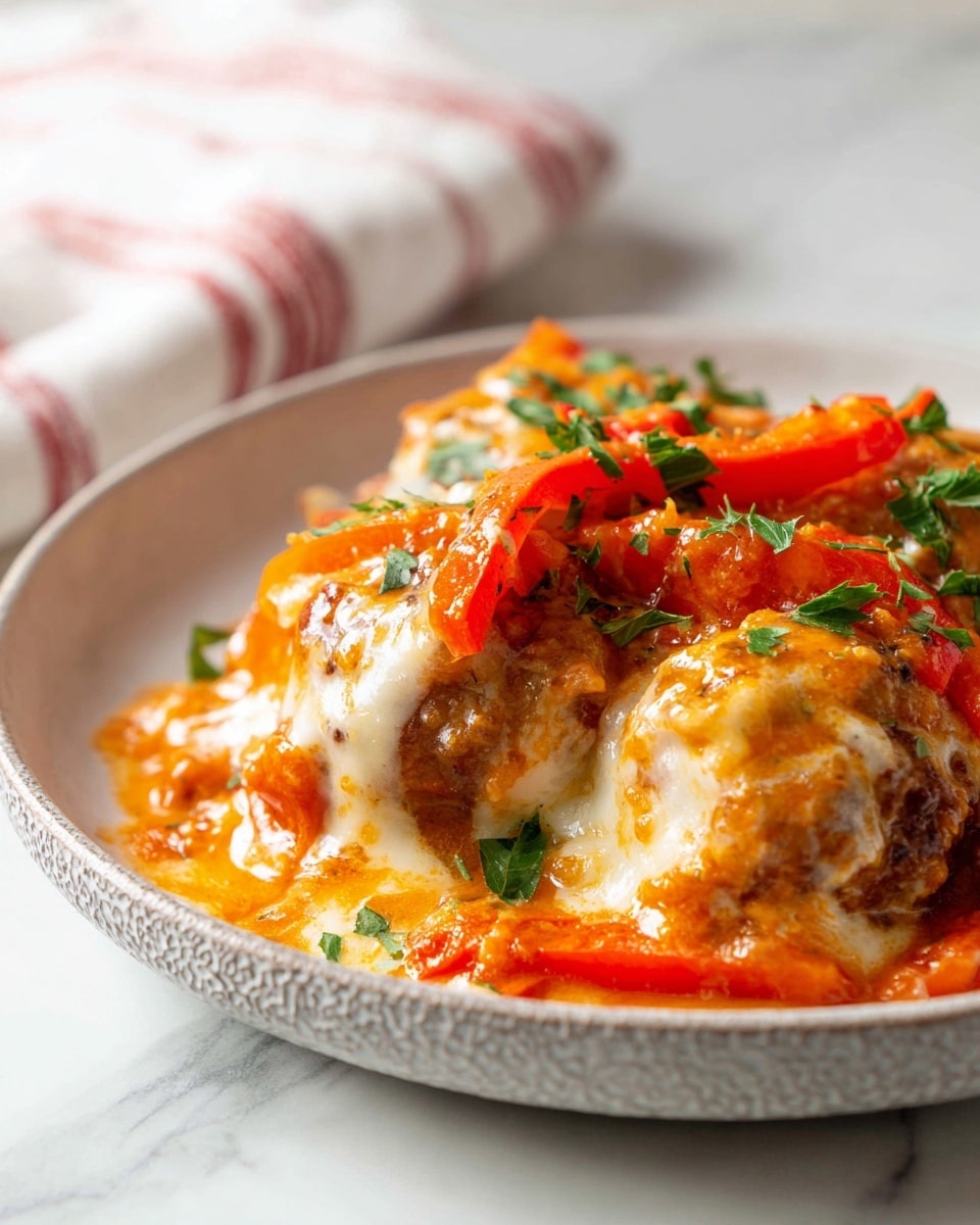 A close-up view of a dish on a white plate with a textured grey rim, on a white marbled surface with a white and red striped cloth in the background. The dish has about two layers: the base layer consists of light brown, round meatballs, covered in melted white cheese. The top layer has bright orange-red bell pepper strips coated in creamy orange sauce mixed with the melted cheese. There are small green parsley leaves sprinkled on top, adding a fresh touch to the warm and saucy appearance. photo taken with an iphone --ar 4:5 --v 7