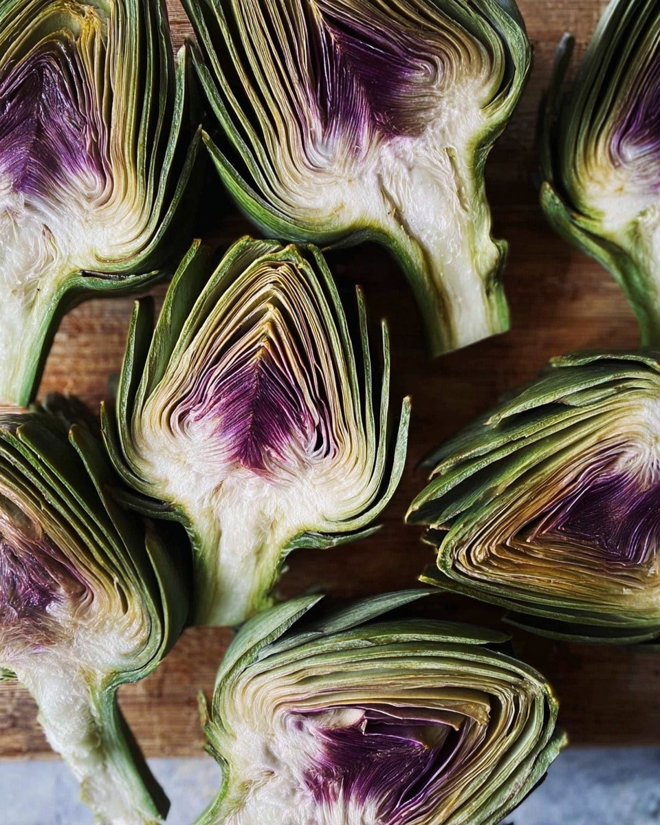 The image shows several artichokes cut in half and laid flat on a wooden cutting board. Each artichoke half displays many layers of tightly packed leaves in shades of green, light brown, and purple near the center, with the white core visible at the base. The texture of the layers looks fibrous and slightly shiny. The cut surfaces are smooth, showing the intricate inner folds of the vegetable. The background is a white marbled texture instead of the wooden board. photo taken with an iphone --ar 4:5 --v 7