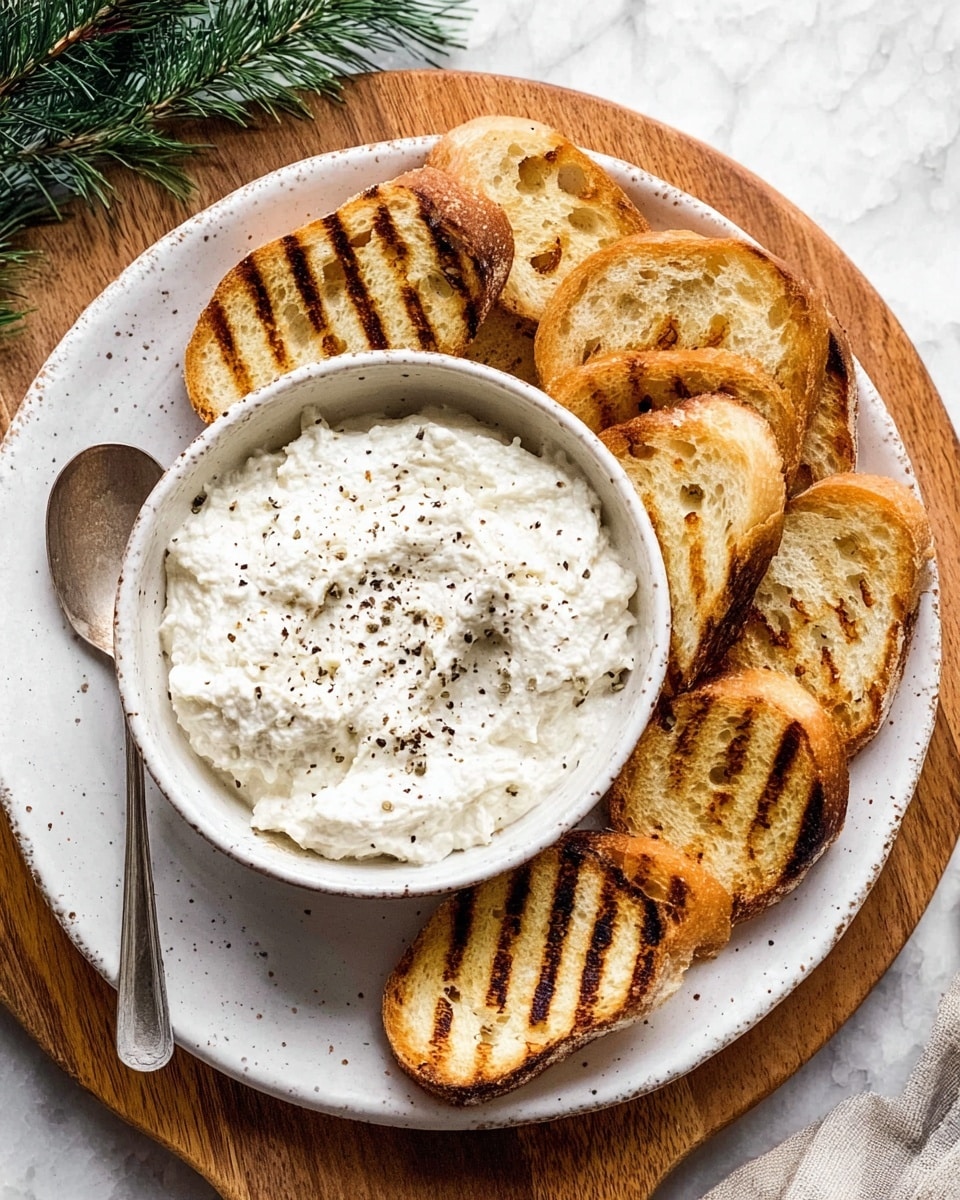 A white speckled plate holds a white bowl filled with a creamy white spread sprinkled with black pepper on top. Around the bowl, there are multiple slices of golden-toasted bread with dark brown grill marks, arranged in a circle, slightly overlapping each other. To the left of the bowl, a silver spoon rests inside the plate. The plate is placed on a round wooden board, with green pine leaves partially visible in the top left corner. The surface beneath all items is a white marbled texture. photo taken with an iphone --ar 4:5 --v 7
