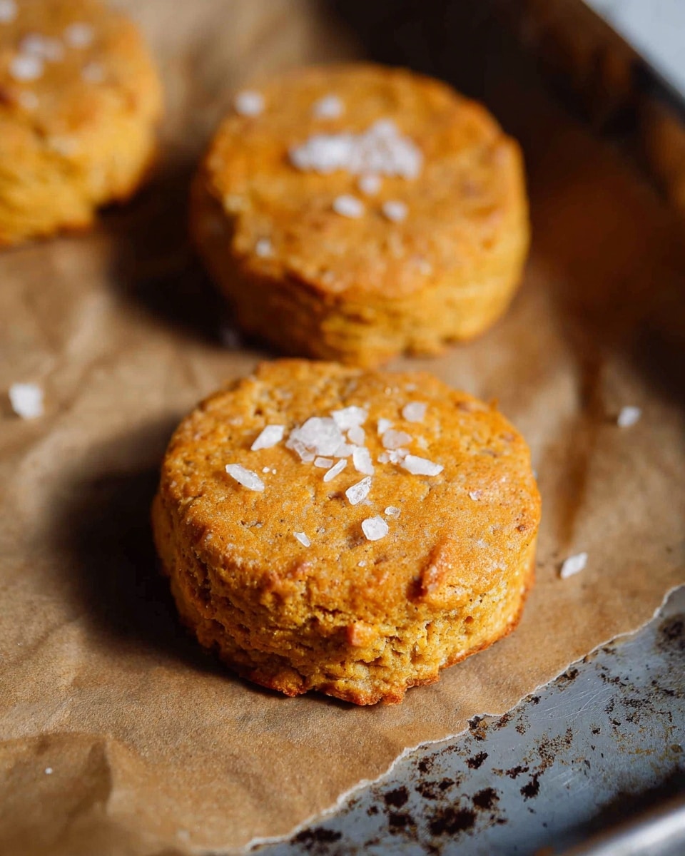 The image shows two round, golden brown biscuits stacked slightly on top of each other on a parchment paper sheet. Each biscuit has a rough, textured surface with visible cracks and is sprinkled with coarse white salt flakes on top. The biscuits have a thick, soft appearance with a slightly darker top layer indicating they are baked to a golden crust. The background has a white marbled texture. photo taken with an iphone --ar 4:5 --v 7