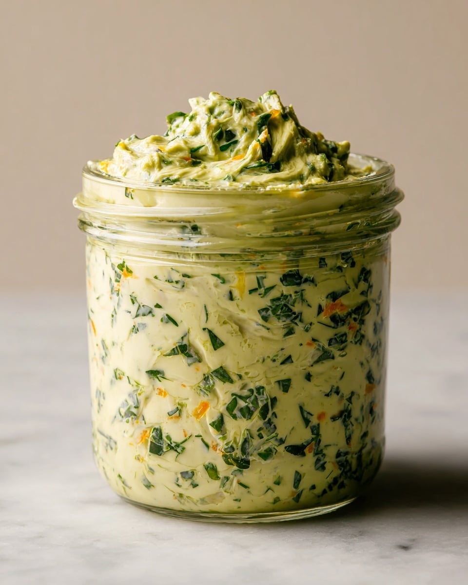 A clear glass jar filled with a creamy, light yellow-green sauce mixed with finely chopped green herbs and small bits of orange, with the sauce piled thickly just above the jar rim on top, standing on a white marbled surface with a plain light beige background photo taken with an iphone --ar 4:5 --v 7