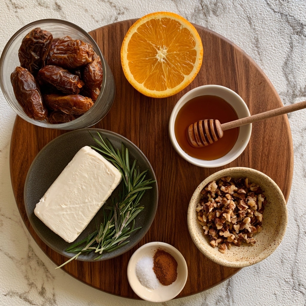 A white marbled surface holds a round wooden board with several food items arranged on it. On the left side, a clear glass container is filled with dark brown wrinkled dates. Below it, a dark gray plate carries a smooth, white block of goat cheese with a few fresh green rosemary sprigs next to it. To the right, near the top, there is a half orange with bright, juicy segments. A small white bowl of hot honey sits just below the orange with a wooden honey dipper resting in it. Below the hot honey bowl is a speckled beige bowl filled with chopped walnuts. At the bottom of the wooden board, a small white dish contains salt and cinnamon powder in separate piles. The whole scene is on a white marbled textured background. photo taken with an iphone --ar 4:5 --v 7
