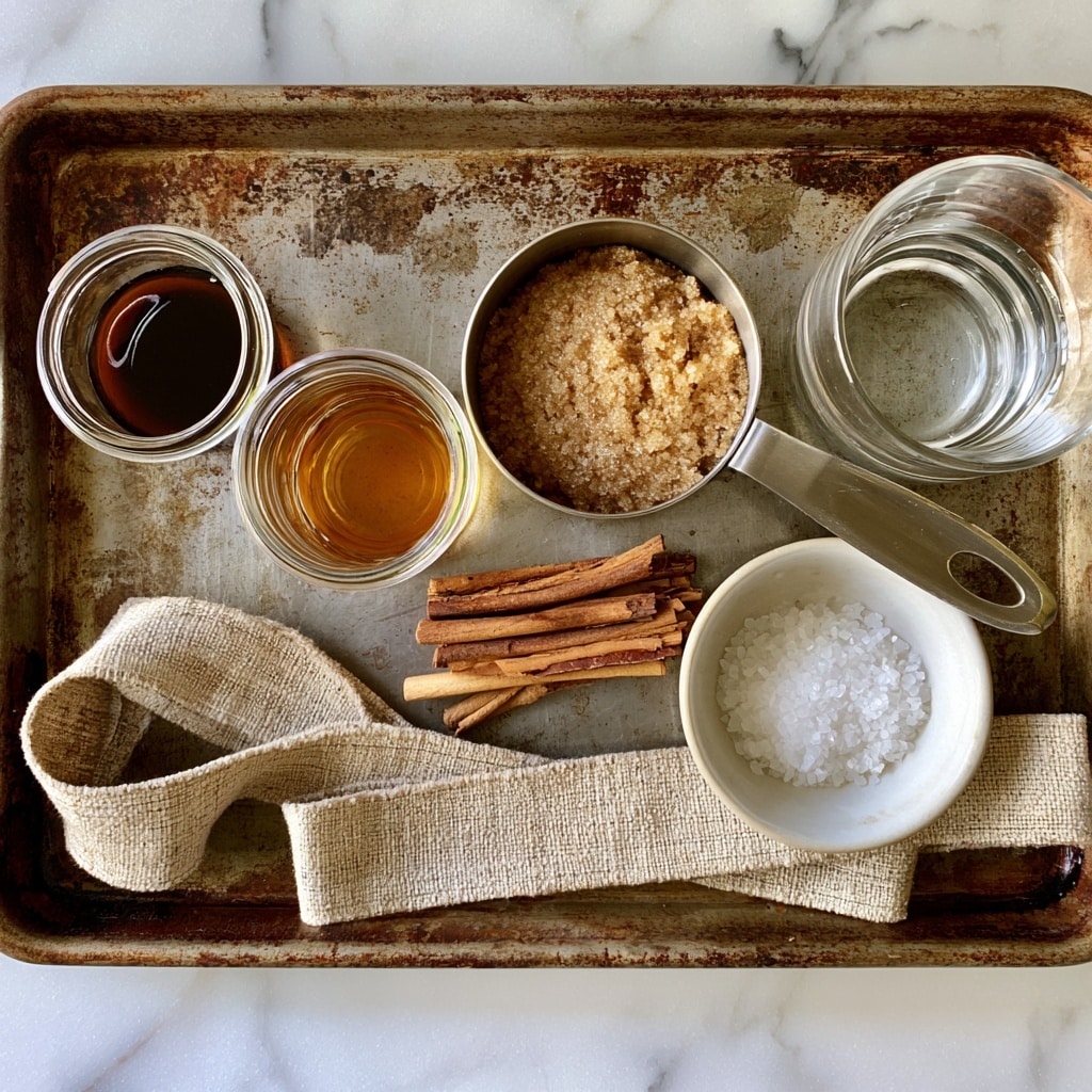 The image shows a rusty metal baking tray holding small containers with different ingredients. There is a small round glass jar with dark brown vanilla, a small glass jar with amber apple juice concentrate, a metal measuring cup filled with packed light brown sugar, a small stacked group of cinnamon sticks in shades of brown, a clear glass with water, and a small white bowl filled with white salt crystals. A beige woven fabric strap is looped on the tray. The tray sits on a white marbled surface. photo taken with an iphone --ar 4:5 --v 7