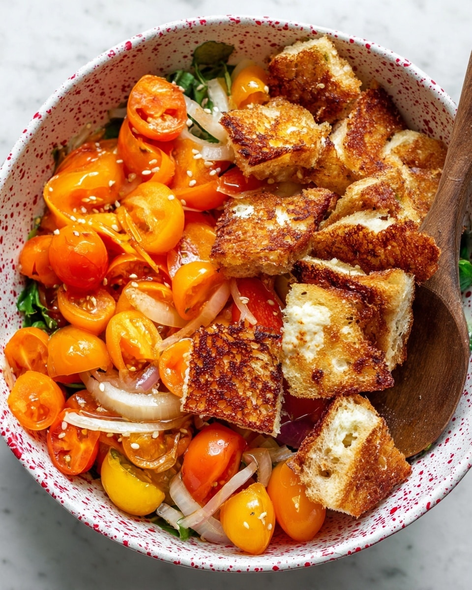 This image shows a close-up of a salad in a white bowl with red spots. The salad has three main layers: the bottom layer is bright orange cherry tomatoes and sliced yellow bell peppers; the middle layer contains thin white onion slices and some green leafy herbs; the top layer is crispy, toasted bread pieces and golden-brown grilled cheese with sesame seeds on top. A wooden spoon is partly visible on the right side, inside the bowl. The bowl rests on a white marbled surface. photo taken with an iphone --ar 4:5 --v 7