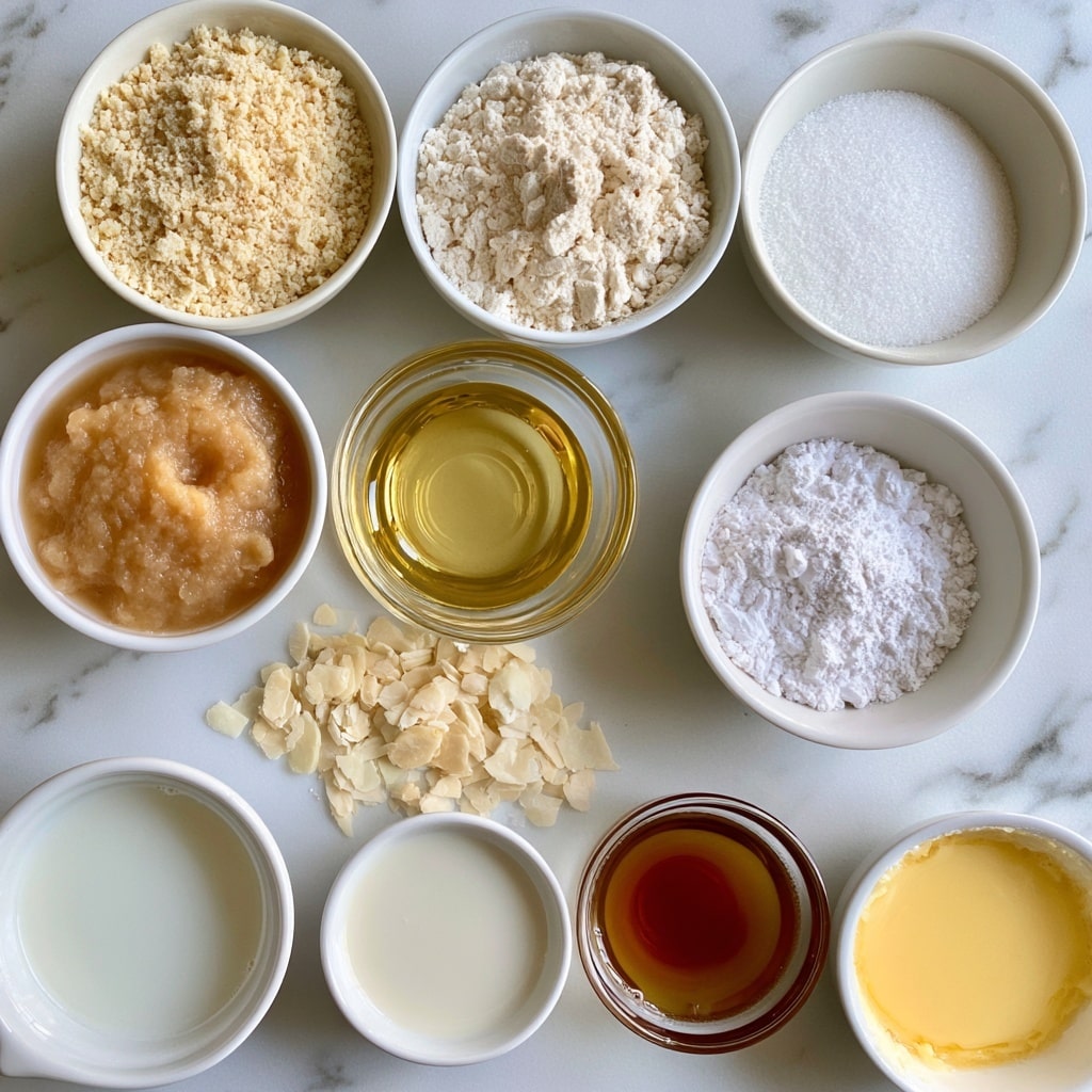Several small white bowls are arranged on a white marbled surface. From the top left, there is pale beige almond flour with a grainy texture, next to it is white flour with a powdery texture. Below almond flour is light brown applesauce with a smooth, slightly thick texture, and next to that is clear golden-yellow oil in a glass bowl with a shiny surface. To the right of the flour is white sugar with a fine sandy texture in a white bowl, and below that is a white bowl containing white baking powder with a fine texture. Below apple sauce is off-white flaked almonds with thin, flat slices. In the bottom row, from left to right, there is white dairy-free milk with a smooth liquid texture, white almond extract liquid in a small bowl, and amber vanilla extract with a slightly glossy surface. There is also a small bowl of light yellow melted vegan butter with a smooth surface. Photo taken with an iphone --ar 4:5 --v 7