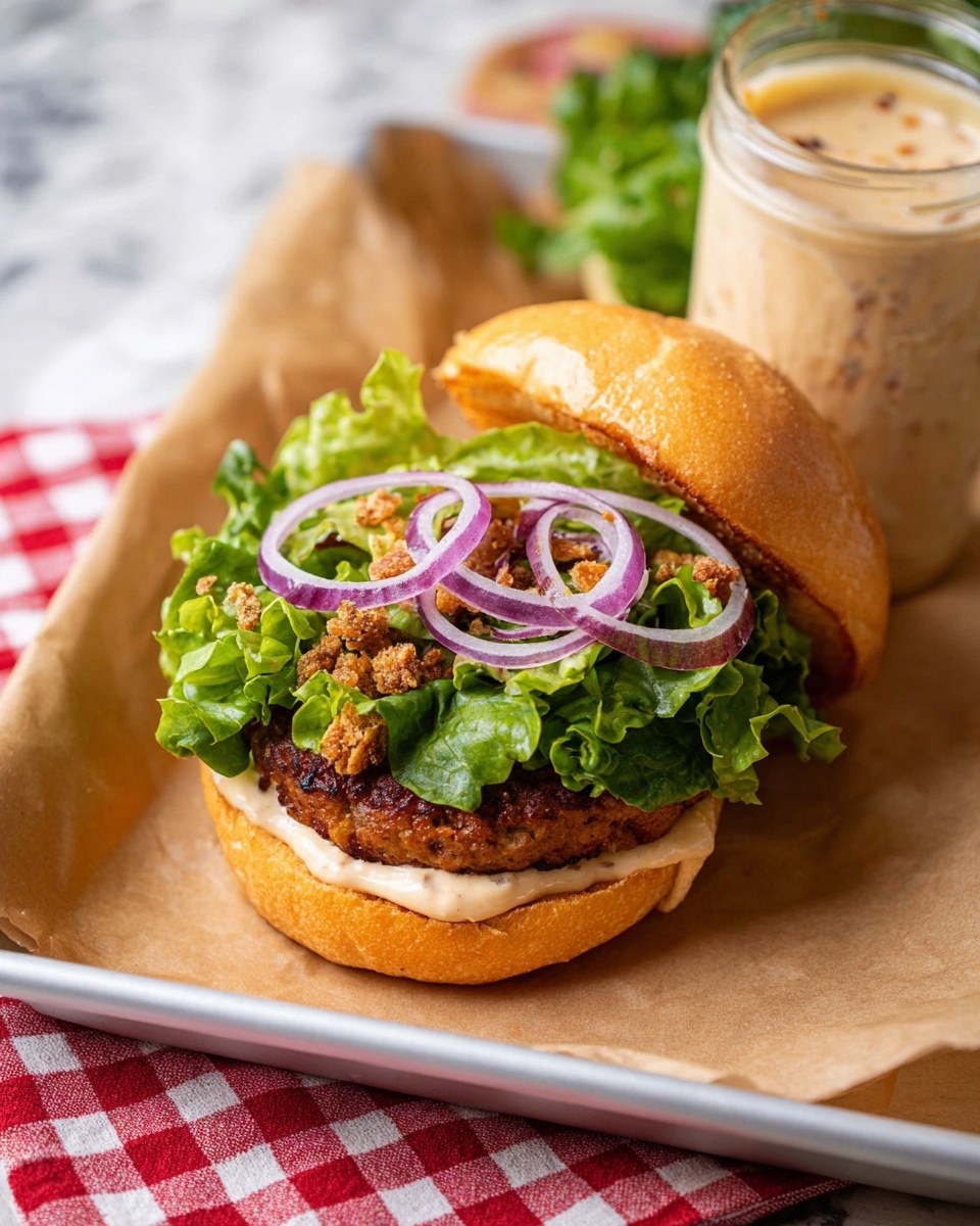 A sandwich is shown open-faced on a white tray lined with brown paper. The bottom bun is light golden and spread with a creamy sauce. On top, there is a cooked patty with a brown crispy outside. Above the patty, there is fresh green leafy lettuce and thin rings of purple onion. Small pieces of crispy crumbs are scattered on the lettuce and onions. The top bun, also light golden, leans against a jar of creamy sauce with spices visible inside. The background has a white marbled texture with a red and white checkered cloth partly visible. photo taken with an iphone --ar 4:5 --v 7