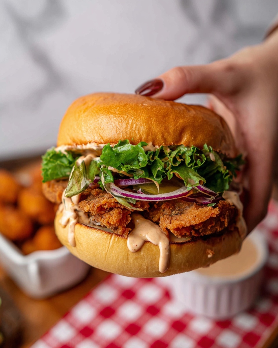 A close-up view of a sandwich held by a woman's hand shows five main layers: a soft golden brown sandwich bun on top and bottom, crispy fried strips with rich brown color in the middle, fresh green lettuce leaves tucked beside the fried strips, thin slices of light purple onion under the lettuce, all topped with creamy beige sauce dripping slightly from the sides. The background includes a blurred white marbled surface with a white bowl of small fried pieces and a red and white checkered cloth visible underneath photo taken with an iphone --ar 4:5 --v 7