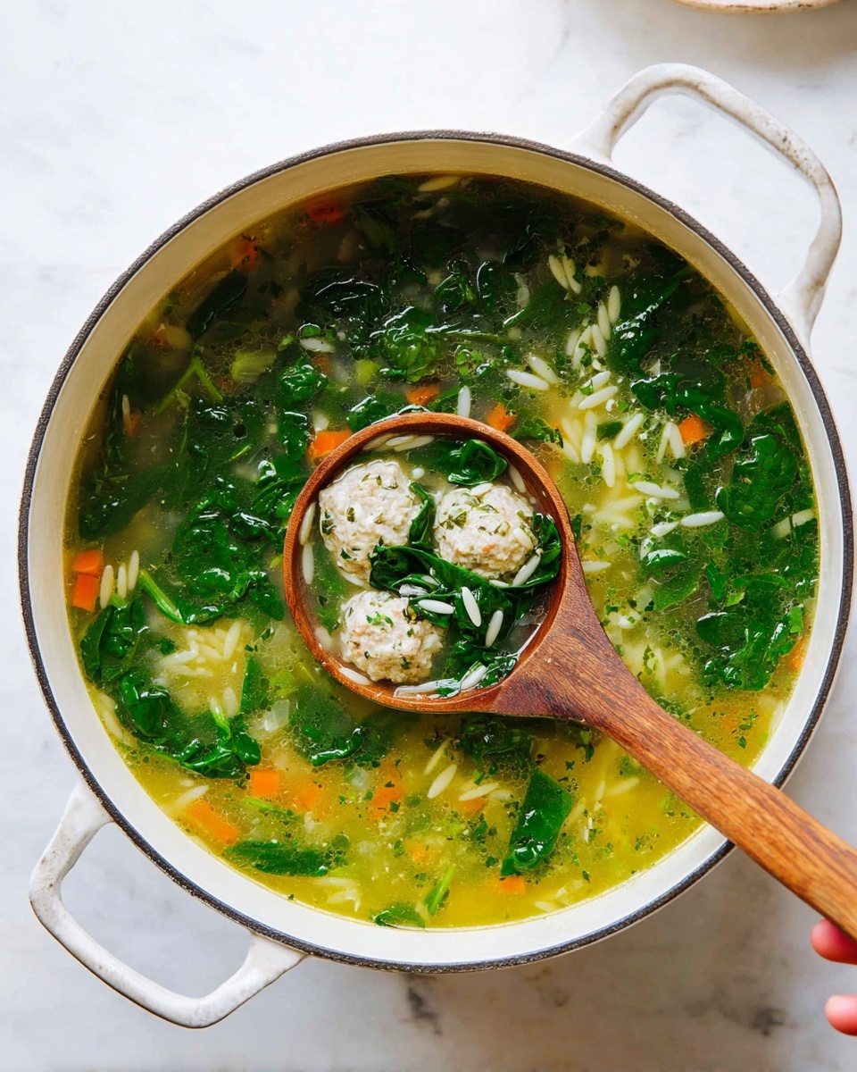 A white pot filled with green spinach leaves floating in a clear yellow broth, with small pieces of diced orange carrot and white onion mixed throughout. In the center, a wooden spoon holds two light beige meatballs, some bright green spinach, and small pieces of white orzo pasta, all resting in the broth. The pot is placed on a white marbled surface, and a woman's hand is holding the pot handle on the right side. Photo taken with an iphone --ar 4:5 --v 7