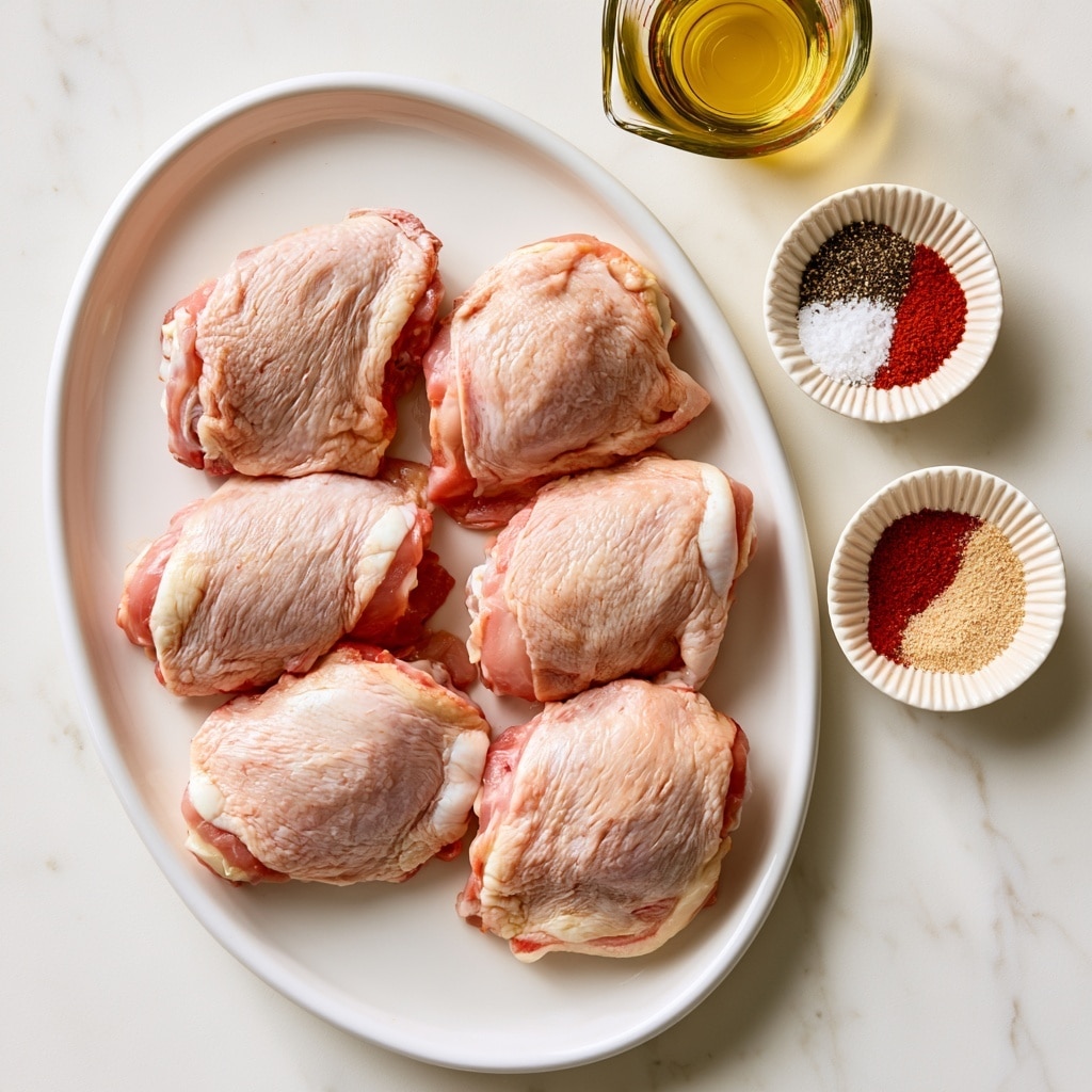 A white oval plate holds six raw chicken thighs arranged in two rows, showing soft pink skin with patches of white fat along the edges. To the top right of the plate, there is a small clear measuring cup filled with yellow olive oil. Below it, two small white ridged bowls contain different seasonings divided into sections: one bowl holds coarse white salt, black pepper, and red paprika, while the other has red paprika, beige garlic powder, and a light brown powder. The setup is on a white marbled surface with a clean, bright look. photo taken with an iphone --ar 4:5 --v 7