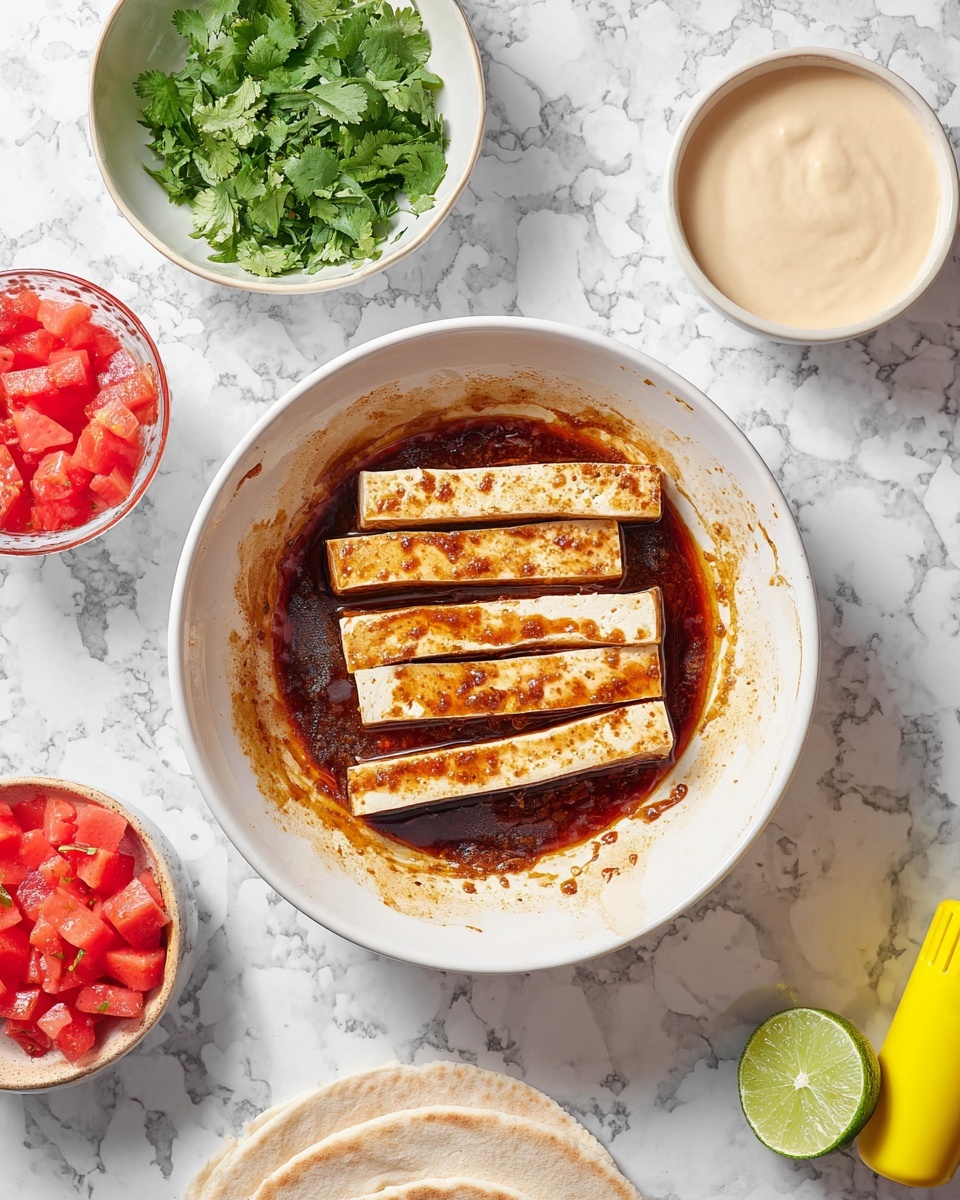 A large white bowl sits on a white marbled surface, containing seven long rectangular slices of tofu layered side by side, soaked in a dark reddish-brown sauce coating the bottom and partly touching the inner sides of the bowl. Around this bowl are four smaller white bowls and objects: at the top left, a bowl filled with fresh green cilantro leaves, next to it on the top right, a bowl with smooth, light beige creamy sauce, below the cilantro bowl, a stack of round beige pita breads partially visible, at the bottom left, a bowl with small red diced watermelon pieces is next to a bright yellow lemon squeezer, and at the far right, a halved lime with a fresh green inside is placed on the surface. photo taken with an iphone --ar 4:5 --v 7