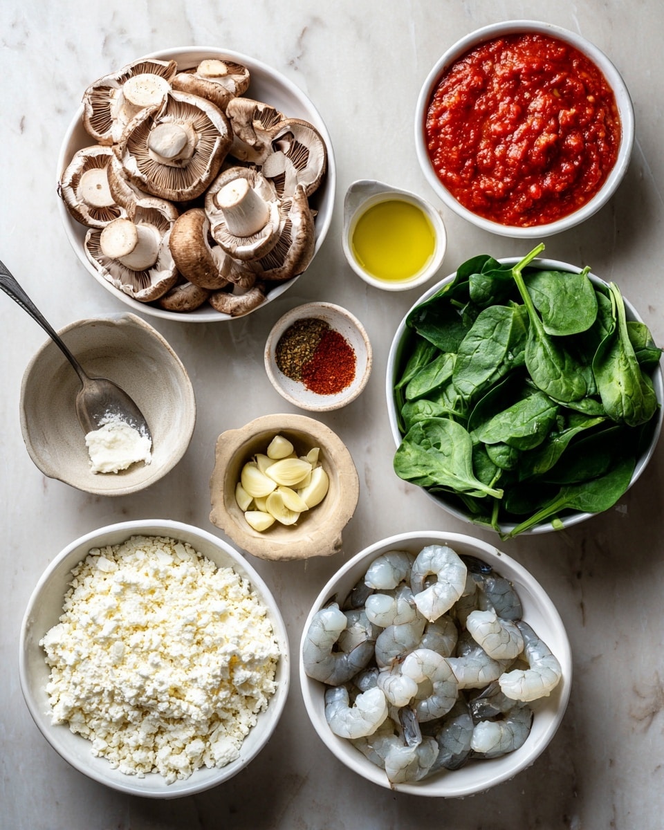 The image shows several white bowls and small dishes arranged on a white marbled surface, each holding different fresh ingredients. In the largest white bowls, there are thick sliced brown mushrooms with a textured surface, and fresh green spinach leaves with visible veins and long stems. Another white bowl contains raw shrimp with a pale grayish-white translucent body. Smaller white dishes hold uncooked white rice grains, a bright red chunky tomato sauce with a metal spoon, and mixed spices in various shades of brown and red. A small white bowl has finely chopped pale yellow garlic, and a clay-like small dish contains light yellow olive oil. There's also a shallow white bowl filled with white crumbly cheese on the surface. photo taken with an iphone --ar 4:5 --v 7