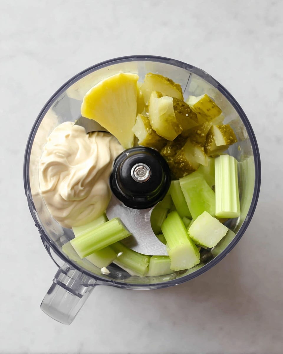 Inside a clear food processor bowl, several pieces of light green celery sticks are placed on the bottom, with a dollop of creamy, off-white mayonnaise sitting on the left side. On top of the celery and mayonnaise, there are chunky pieces of bright green pickles and a thick slice of yellow ginger. The sharp silver blade of the processor is visible in the center. The background is a white marbled texture photo taken with an iphone --ar 4:5 --v 7