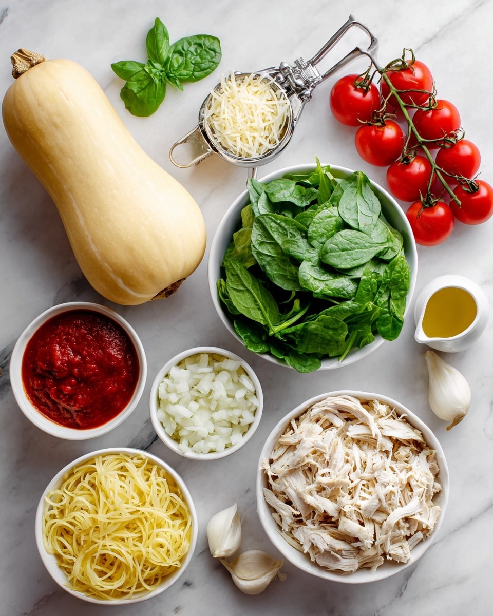 The image shows ingredients for a meal laid out on a white marbled surface. There are two whole spaghetti squashes with pale yellow skin placed near fresh green basil leaves. To the right, there's a small white bowl filled with bright green fresh spinach. Above the spinach, a metal measuring cup holds grated white parmesan cheese, and below it, another measuring cup contains shredded white mozzarella cheese. Near the cheese, a bunch of red cherry tomatoes on the vine adds a pop of color. A white bowl filled with shredded rotisserie chicken sits next to a small white bowl with chopped white onions. A clear glass measuring cup holds rich red marinara sauce while a small white creamer holds golden olive oil. Finally, four garlic cloves are arranged near the basil. The scene is clean and bright with natural light. Photo taken with an iphone --ar 4:5 --v 7