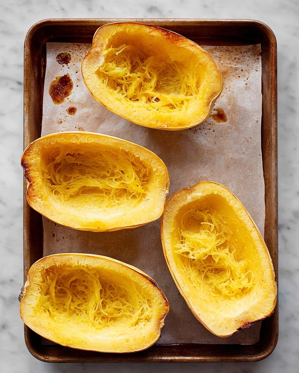 Four halves of baked spaghetti squash lie open on a metal baking tray lined with parchment paper. Each half shows a hollowed-out inside with bright yellow strands of cooked squash meat, some parts slightly browned and caramelized. The outer skin of the squash is rough and light yellow with subtle roasting marks. The tray surface has small drops of oil around the squash halves, and the overall setting is on a white marbled background. photo taken with an iphone --ar 4:5 --v 7