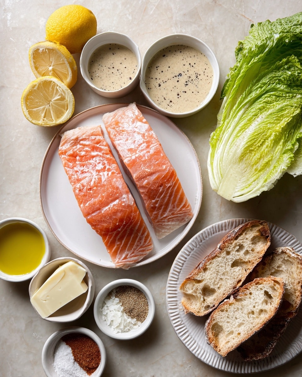 Two thick raw pink-orange salmon pieces with white marbling lie on a white plate near the center-bottom left. Above, a white bowl filled with a creamy light brown sauce with black specks sits to the left of a white plate with a large fresh green romaine lettuce leaf across it. Below and around these are small white bowls holding thin lemon halves, white or yellow grated cheese slices, golden-yellow oil, and brown and beige powders or spices. Toasted bread slices with a browned crust and airy white centers are placed on a white ridged plate at the lower right. The whole setup is on a white marbled surface. Photo taken with an iphone --ar 4:5 --v 7