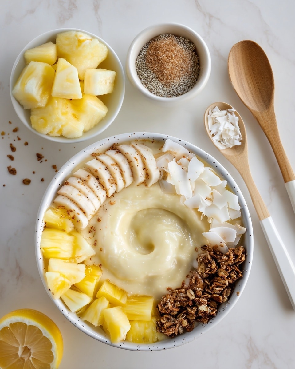 A white bowl filled with creamy yellow smoothie thick in the center, topped with four neat rows of ingredients arranged in a circle: sliced banana with a light sprinkle of granola along the top left, large white coconut flakes to the right, crunchy dark brown granola at the bottom right, and vibrant yellow pineapple chunks at the bottom left. The bowl is placed on a white marbled surface with a wooden board underneath; on the board, a small white bowl holds more coconut flakes. Below the board, on the white marbled surface, a halved lemon sits next to a small white bowl filled with pineapple chunks, and scattered granola pieces add texture around the edges. photo taken with an iphone --ar 4:5 --v 7