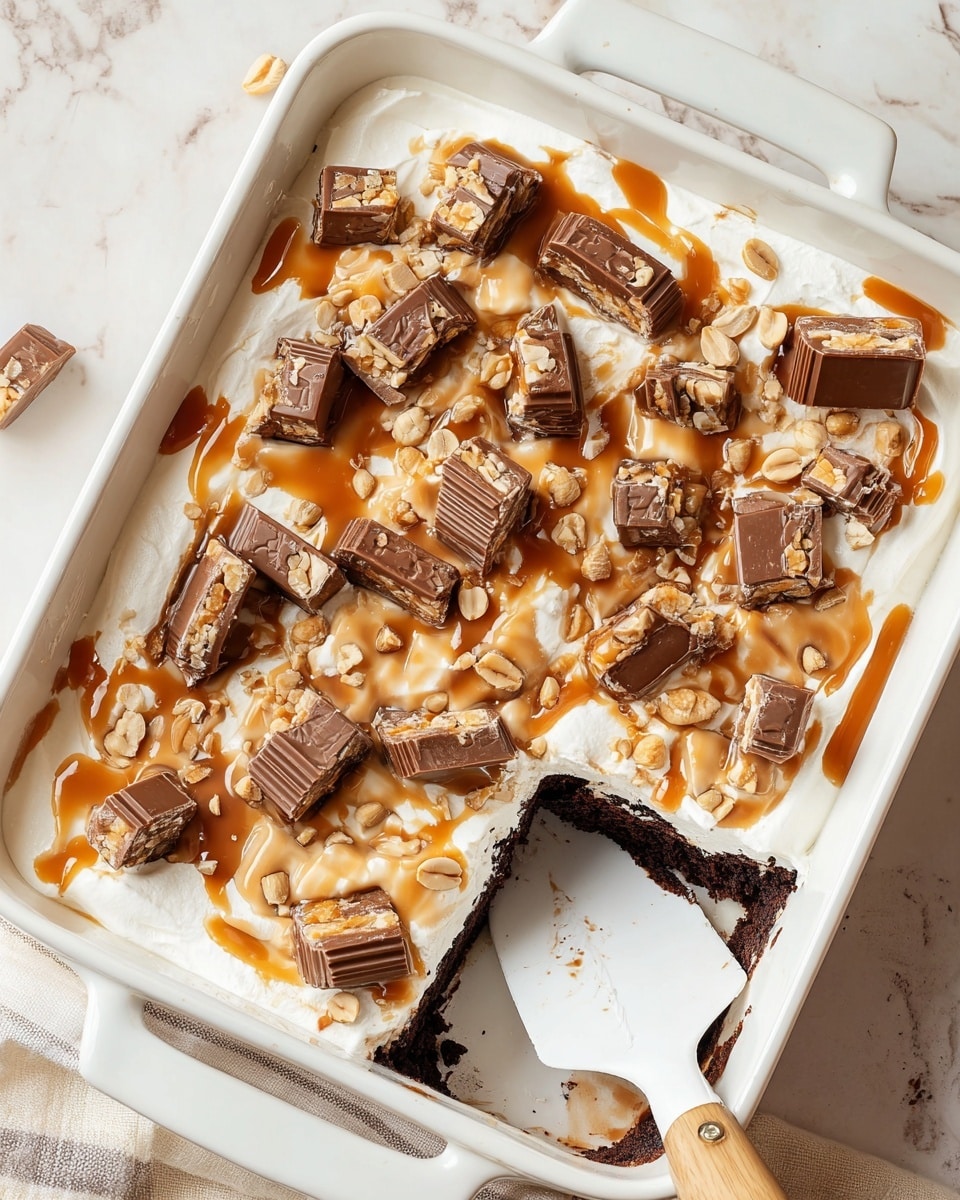 A white ceramic square dish filled with a three-layer dessert: the bottom layer is dark chocolate, the middle layer is creamy white, and the top layer is white whipped cream swirled with golden caramel sauce. The surface is scattered with whole and halved peanuts and topped with chopped chocolate candy bars featuring visible caramel and peanuts inside. The dessert is divided into four square sections, showing clear cuts between each piece, all set on a white marbled surface. photo taken with an iphone --ar 4:5 --v 7