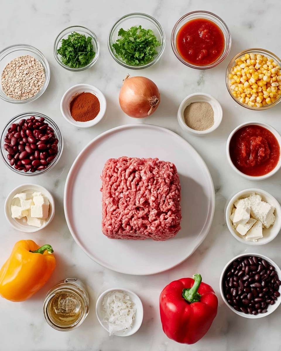 A white plate in the center holds a thick, raw ground beef block with a pinkish-red color and a slightly rough texture. Surrounding it on a white marbled surface are 14 small white bowls, glass cups, and a can, each with different ingredients: bright green chopped cilantro leaves, green sliced chiles in a glass, a whole shiny red bell pepper, diced tomatoes in an opened can showing rich red chunks, cream cheese in white cubes, a glass bowl of dark red kidney beans, a whole light brown onion with dry skin, a white bowl with yellow corn kernels, a small white dish with beige garlic powder, a glass bowl full of black beans with a smooth texture, a small white dish containing dark red chili powder, a clear bowl of tan taco seasoning powder, a glass bowl of white beans, a glass half filled with red tomato sauce, a white bowl with reddish salsa, and a clear glass salt jar with a gold lid. All the items are neatly arranged in a clean circle around the plate. photo taken with an iphone --ar 4:5 --v 7