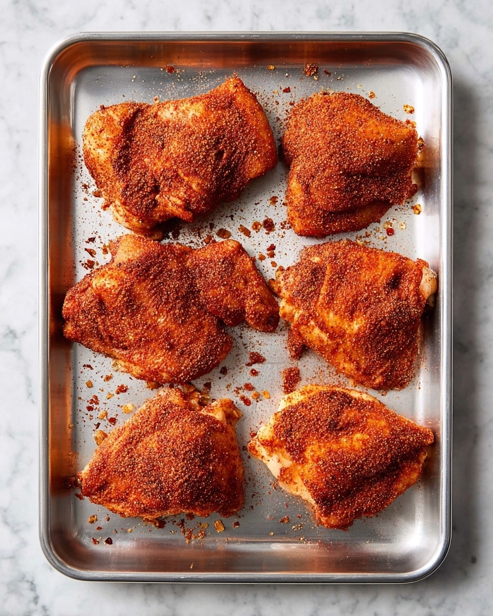 There is a metal baking tray placed flat on a white marbled surface, holding six pieces of raw chicken thighs spread out with space between them. Each chicken piece is covered evenly with a red-orange dry spice rub that has a coarse texture, showing specks of black and lighter-colored seasonings. The tray shows a bit of loose spice powder scattered around the pieces, and the chicken skin has a slightly bumpy texture under the spices. The photo is taken from above with an iphone --ar 4:5 --v 7