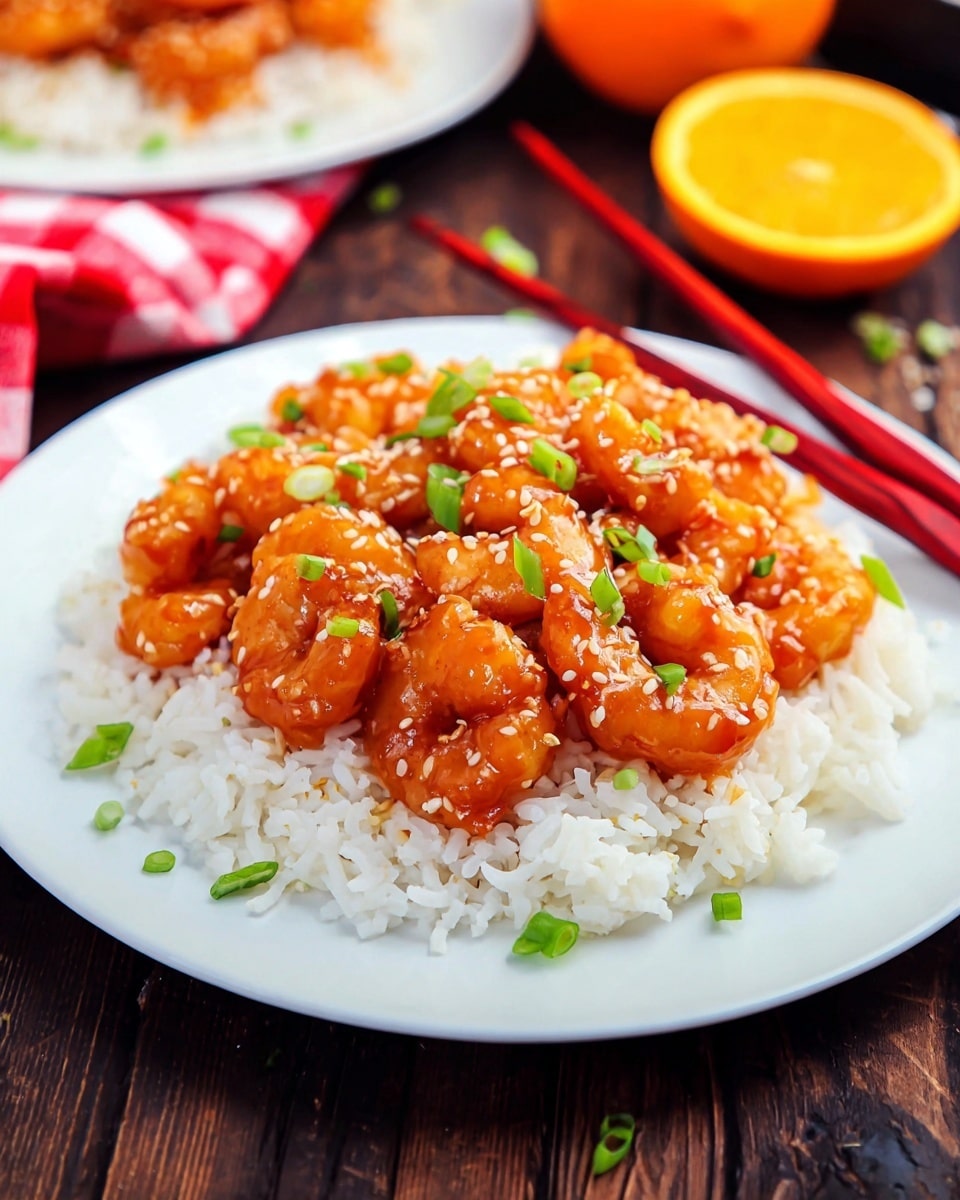A white plate holds a bed of soft white rice as the bottom layer, topped with a layer of bright orange shrimp coated in a shiny sauce. The shrimp layer is sprinkled with small white sesame seeds and chopped green onions, creating spots of green and white over the glossy orange. The plate sits on a dark wood surface with blurred blue chopsticks and an orange half in the background, and a bright red checkered cloth is on the right side. Red chopsticks rest at the front left side of the plate. photo taken with an iphone --ar 4:5 --v 7