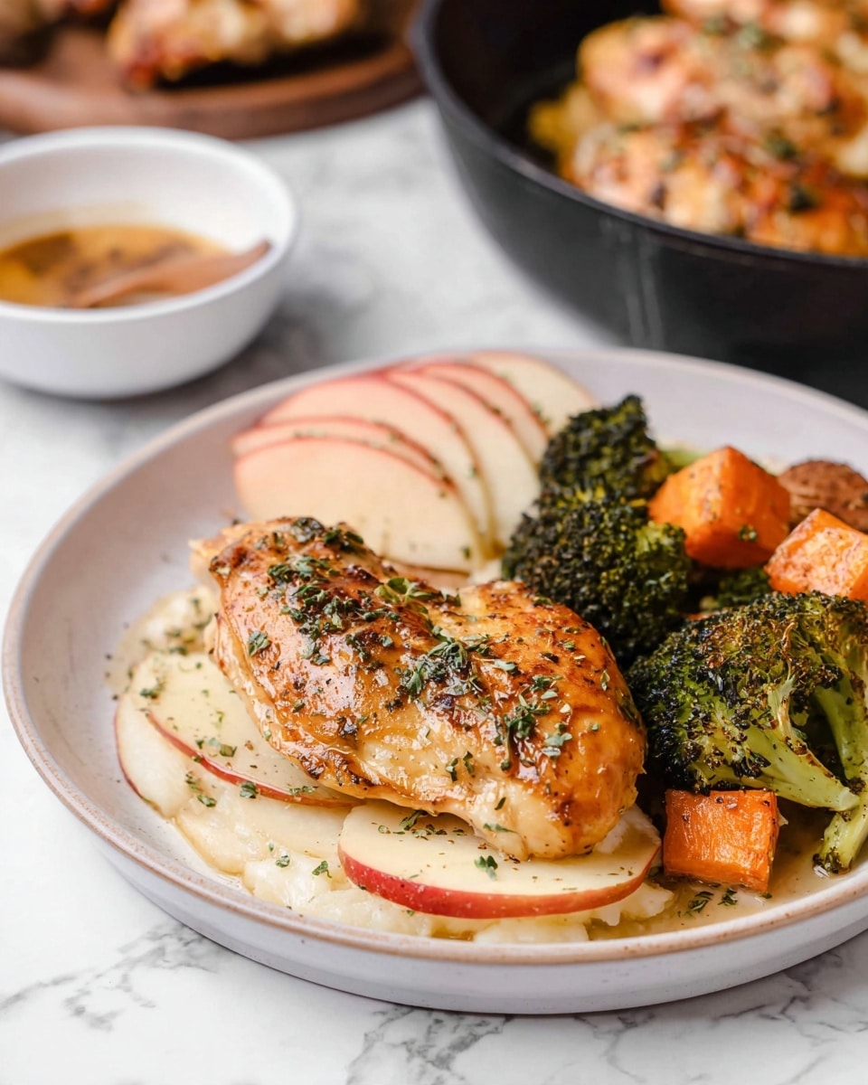 The image shows a white plate with three main layers of food: on the bottom are thin slices of yellow and pink apple arranged in a flat layer, topped by a baked chicken piece with a shiny, light brown sauce and sprinkled green herbs, and on the right side is a mix of roasted green broccoli florets and small orange sweet potato chunks; in the background, there’s a black dish with more cooked chicken and a white bowl with sauce, all set on a white marbled surface. photo taken with an iphone --ar 4:5 --v 7