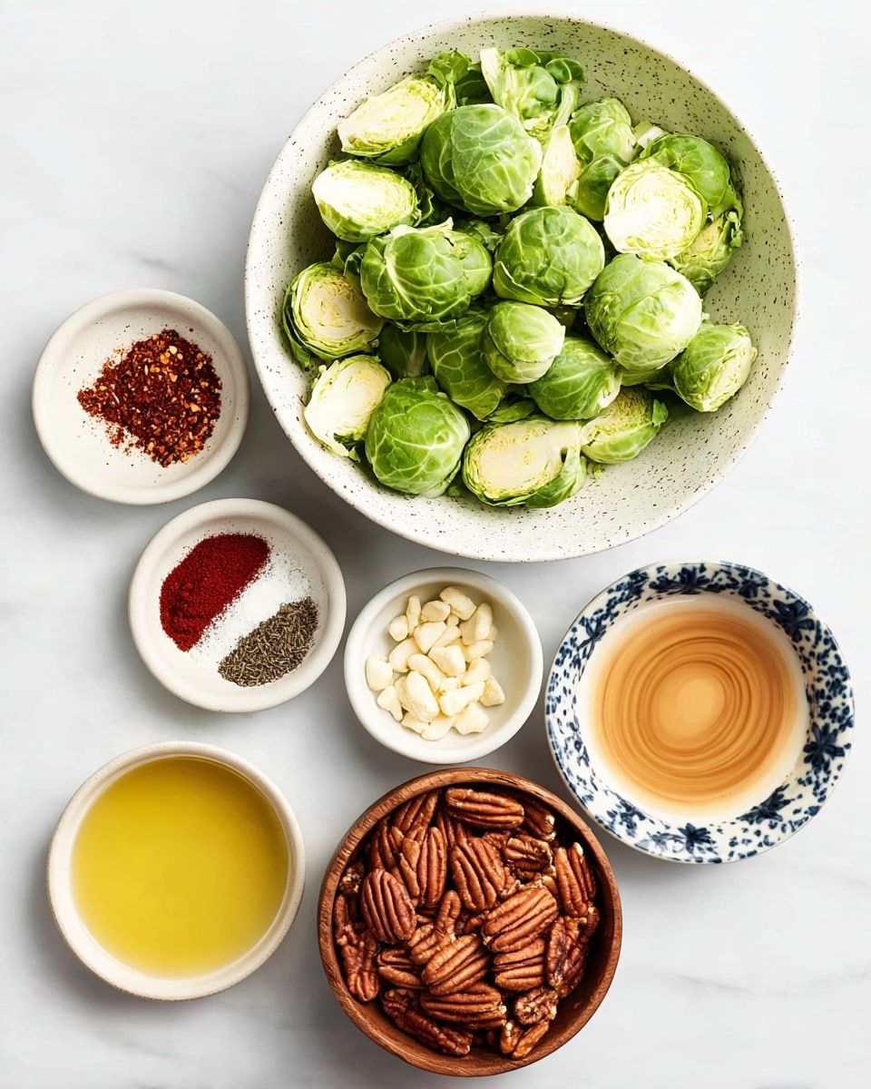 A top-down view of five bowls arranged on a white marbled surface, with the largest white speckled bowl in the top center filled with fresh halved green Brussels sprouts showing varied textures of smooth and veined leaves. Below it to the left, a smaller white speckled dish holds four horizontal layers of spices: bright red, black, white, and another bright red. Next to it on the right, a white bowl with dark blue spots contains small chopped white garlic pieces. Below, a medium wooden bowl is filled with whole pecans, showing their textured brown shells. At the bottom are three white bowls: on the left pale yellow oil, on the right a light brown sauce swirled smoothly, and in the middle a darker amber liquid. The photo taken with an iphone --ar 4:5 --v 7