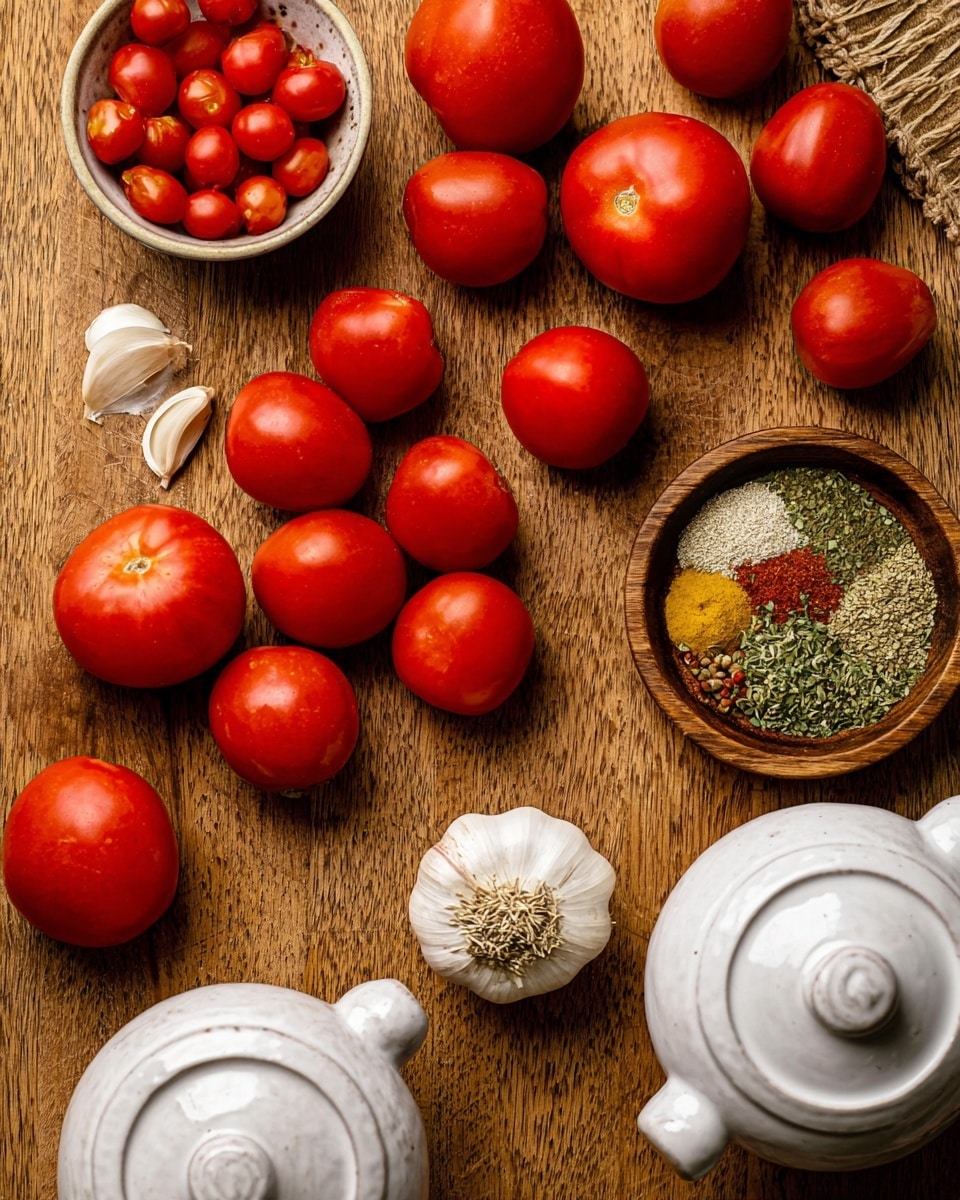 The image shows a wooden surface scattered with many round, smooth, shiny red tomatoes, some bigger and some smaller. There is a whole white garlic bulb with its papery skin still on, and several peeled garlic cloves nearby. A white small bowl is filled with small oval-shaped cherry tomatoes. Another wooden bowl holds five types of dried green and yellow herbs and spices arranged in sections. Two white ceramic pots with lids and handles are also on the surface, one of them partially cropped at the bottom. The white marbled texture is visible around the edges of the wooden surface. photo taken with an iphone --ar 4:5 --v 7