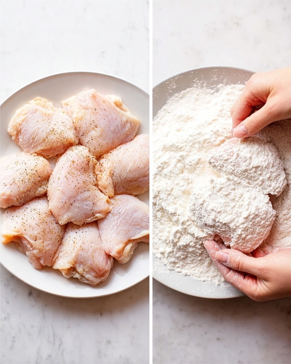 The image shows two scenes side by side on a white marbled surface. On the left side, there is a white plate filled with six raw chicken pieces arranged in a loose circle, each sprinkled with black pepper. The chicken looks fresh and pale pink. On the right side, two woman's hands are holding one piece of chicken coated in white flour, lifting it slightly above a white plate filled with flour. The flour has a powdery texture and covers the chicken piece evenly. Photo taken with an iphone --ar 4:5 --v 7