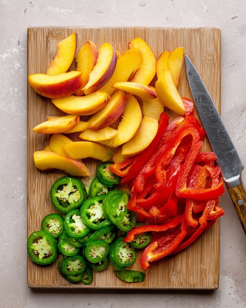 A wooden cutting board on a white marbled surface holds thin slices of three ingredients. On the left side, there are wedges of yellow peach with reddish skin showing. At the bottom center, there are round green slices of jalapeño with seeds visible inside. On the right side, there are red bell pepper strips, smooth and shiny, with a knife resting among them on the board. Photo taken with an iphone --ar 4:5 --v 7