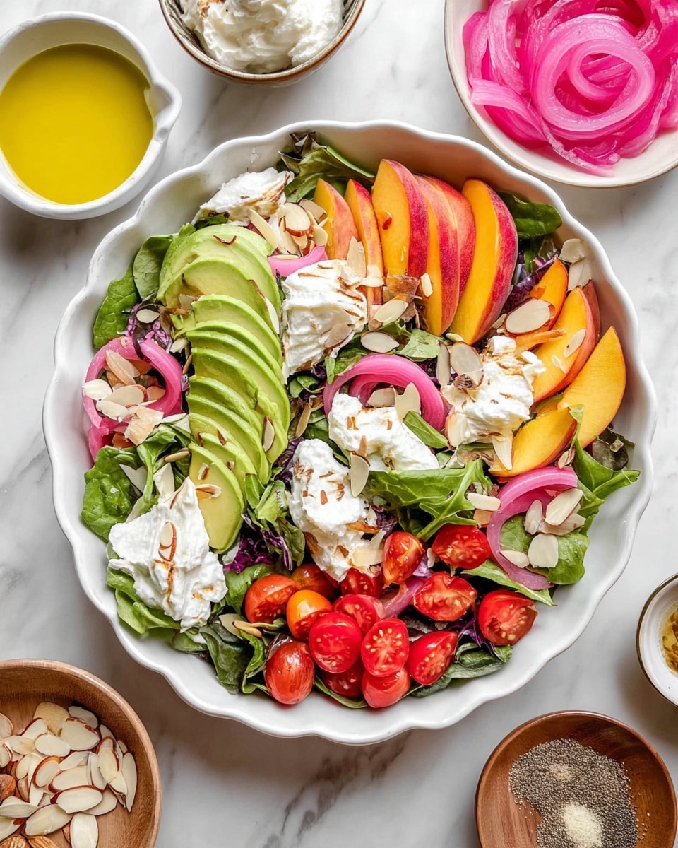 A white scalloped bowl filled with multiple layers: the bottom layer is mixed green leaves with dark and bright green shades, topped with sliced red and yellow peach wedges placed around the bowl, next are thick slices of bright green avocado arranged in small groups, halved shiny red cherry tomatoes scattered evenly, bright pink pickled onion slices adding color contrast, and dollops of white creamy cheese spread on top. Light brown almond slices are sprinkled all over the salad. The bowl sits on a white marbled surface with other small bowls containing pickled pink onions, sliced almonds, yellow oil, and seasoning outside the salad bowl. Photo taken with an iphone --ar 4:5 --v 7