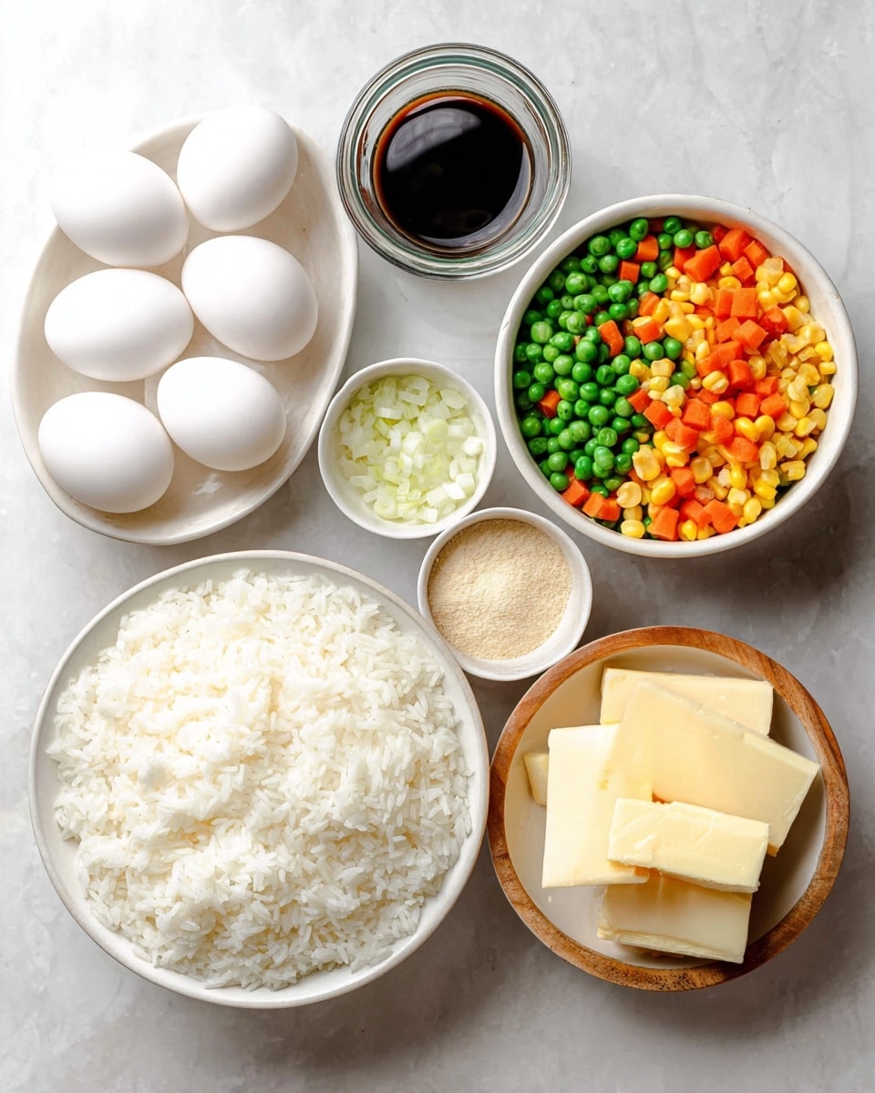 Several bowls and a jar with ingredients are arranged on a white marbled surface. There is a large white bowl filled with cooked white rice that looks soft and fluffy. Next to it, a white bowl holds a mix of frozen peas, diced orange carrots, and yellow corn, all colors contrasting well. Above that, a small glass jar is filled with a dark liquid, likely soy sauce, showing a shiny surface inside. To the left, a white bowl holds four whole white eggs with smooth shells. Above the eggs, another white bowl contains a small amount of light beige powder. Below the eggs, a white bowl is filled with small pieces of chopped onions, showing a pale greenish-white color. Finally, a small wooden bowl holds two thick pieces of pale yellow butter. The clean setup and bright lighting highlight every element clearly, photo taken with an iphone --ar 4:5 --v 7