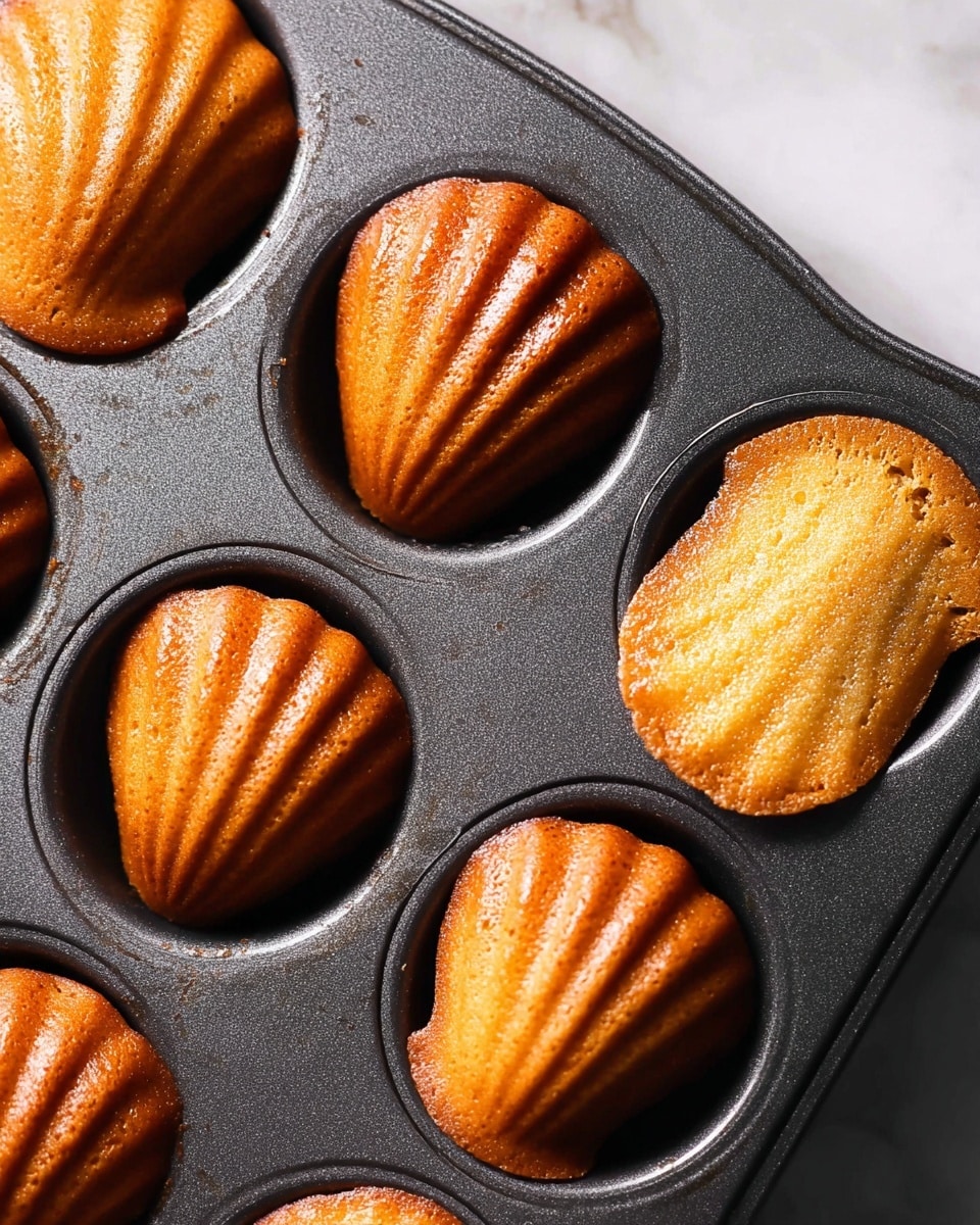 The image shows a close-up of a black metal muffin tray filled with eight baked shell-shaped madeleines and one light golden baked cake with a cracked surface and scalloped edges, placed in the top right cup. The madeleines are golden brown with curved ridges and a smooth, slightly shiny texture. The tray sits on the left side of a white marbled table, and the lighting highlights the warm tones and subtle shadows inside the tray. Photo taken with an iphone --ar 4:5 --v 7