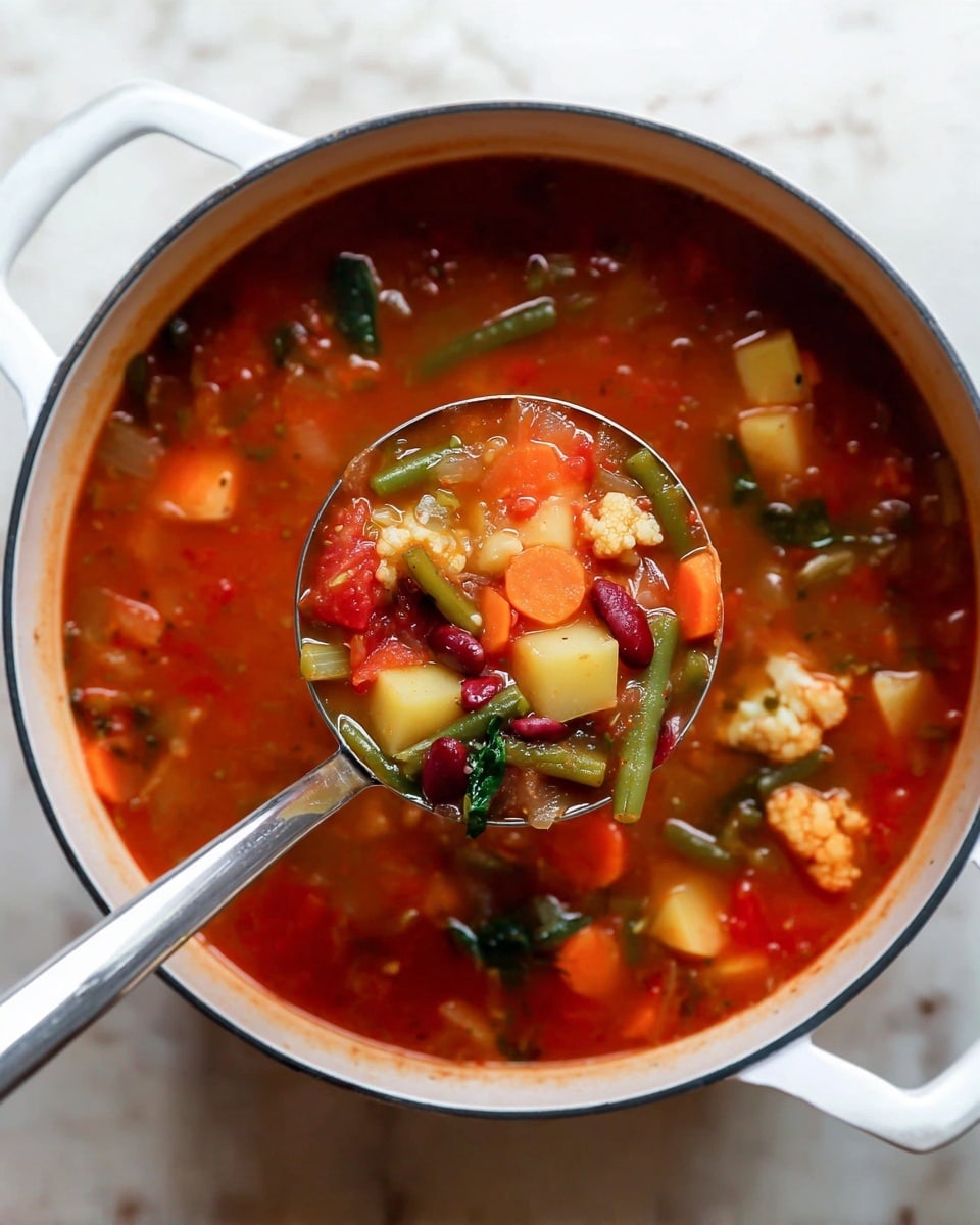 A white pot filled with thick vegetable soup showing at least four layers: the red tomato-based broth as the first layer with a shiny, slightly chunky texture; a layer of small cubed light yellow potatoes; a layer of orange diced carrots; and a layer of green beans, spinach leaves, red kidney beans, and small cauliflower florets spread through the soup. A ladle holding a scoop of the soup is in the center, showing all these colorful ingredients clearly against the broth. The pot is placed on a white marbled surface. Photo taken with an iphone --ar 4:5 --v 7