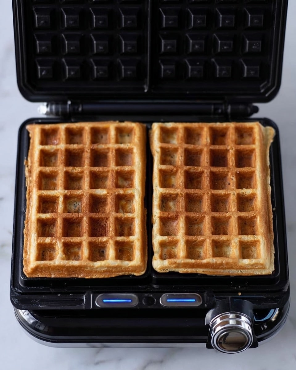 The image shows two square golden-brown waffles side by side, slightly separated in the middle, sitting inside a black waffle maker. Each waffle has a grid pattern with deep square pockets, and the texture looks crispy on top. The waffle maker has a smooth black frame with a shiny silver knob on the front right and blue indicator lights on the left. The surface beneath the waffle maker is a white marbled texture. photo taken with an iphone --ar 4:5 --v 7