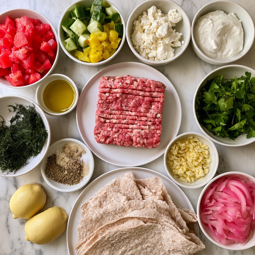 An overhead view of multiple small white bowls and a plate on a white marbled surface. The center has a white plate with a square-shaped layer of pink ground turkey with visible lines. Surrounding it are bowls with diced bright red tomatoes, chopped green cucumbers, yellow chopped pepperoncinis, crumbled white feta cheese, creamy white Greek yogurt, chopped dark green dill, chopped bright green parsley, minced pale yellow garlic, and a mix of light brown spices including oregano, garlic powder, salt, and pepper on a white bowl. There is a small bowl with golden olive oil next to the spices. Also, there are two pale yellow lemon halves placed near the bottom left. A white plate below the meat holds several light beige gluten-free tortillas, and a bowl with thinly sliced pink pickled onions sits on the bottom right corner. Photo taken with an iphone --ar 4:5 --v 7
