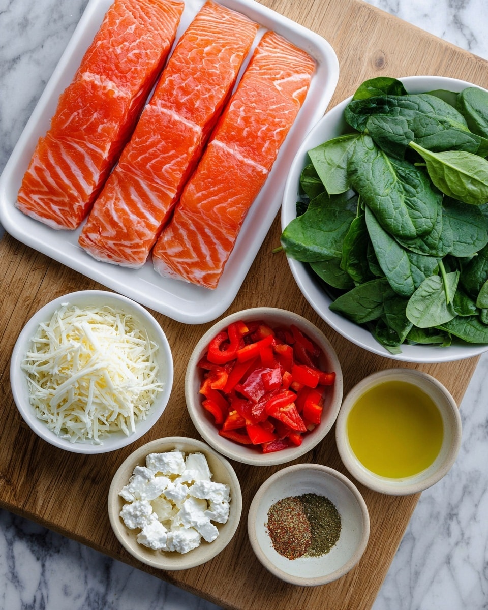 Three bright orange salmon fillets are placed side by side in a white dish on the left, showing the fresh texture and light white lines of the fish. On the right, a white bowl is filled with fresh green spinach leaves that are large and slightly shiny. Below these, small white bowls hold different ingredients: one has shredded white cheese, another has chunks of red bell pepper, a third has white crumbled cheese, and the last one contains yellow olive oil. Two small beige dishes hold ground spices, one green and one red. All these are arranged neatly on a wooden board, set on a white marbled surface. photo taken with an iphone --ar 4:5 --v 7