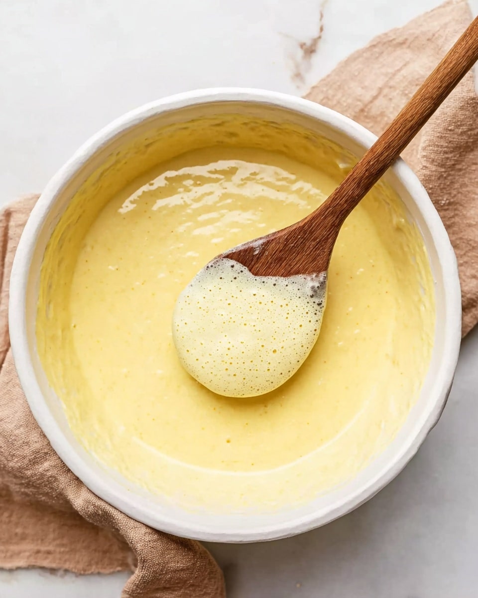 A white bowl filled with thick, smooth yellow batter, with a wooden spoon resting in the center. The spoon is coated with the same yellow batter and has a thick layer of foam on top. The bowl sits on a white marbled surface with a light brown cloth partially visible underneath. The overall look is creamy and fresh, showing a single rich layer of batter. Photo taken with an iphone --ar 4:5 --v 7