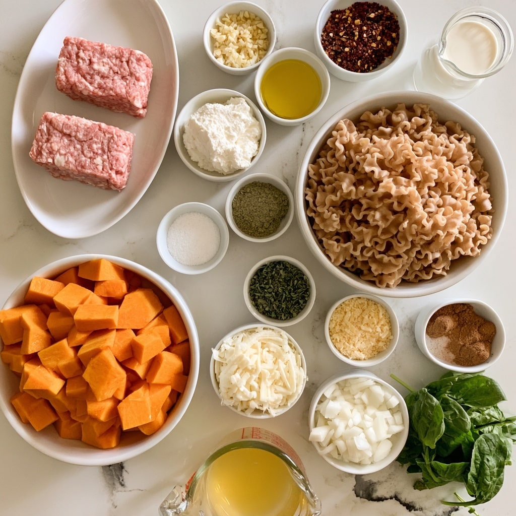 A layout of various cooking ingredients is spread on a white marbled surface in small white bowls and plates. In the top left, there is a white oval plate holding two blocks of pink Italian sausage. Next to it are small white bowls containing minced garlic, olive oil (yellow clear), crushed red pepper (dark red flakes), ricotta cheese (white creamy), and half & half (white liquid in a small glass pitcher). Below them is a large white round bowl filled with light brown curly GF Mafalda or lasagna noodles. Near the bottom left, a large white bowl holds orange cubed butternut squash. Smaller white bowls contain salt (white grains), Italian seasoning (green flakes), sage (brownish green powder), nutmeg (brown ground spice), mozzarella cheese (white shredded), parmesan (light yellow grated cheese), chopped white onion, and fresh green baby spinach. A glass measuring cup with yellow chicken broth is placed near the center bottom. All items are organized neatly with clear labels visible. Photo taken with an iphone --ar 4:5 --v 7