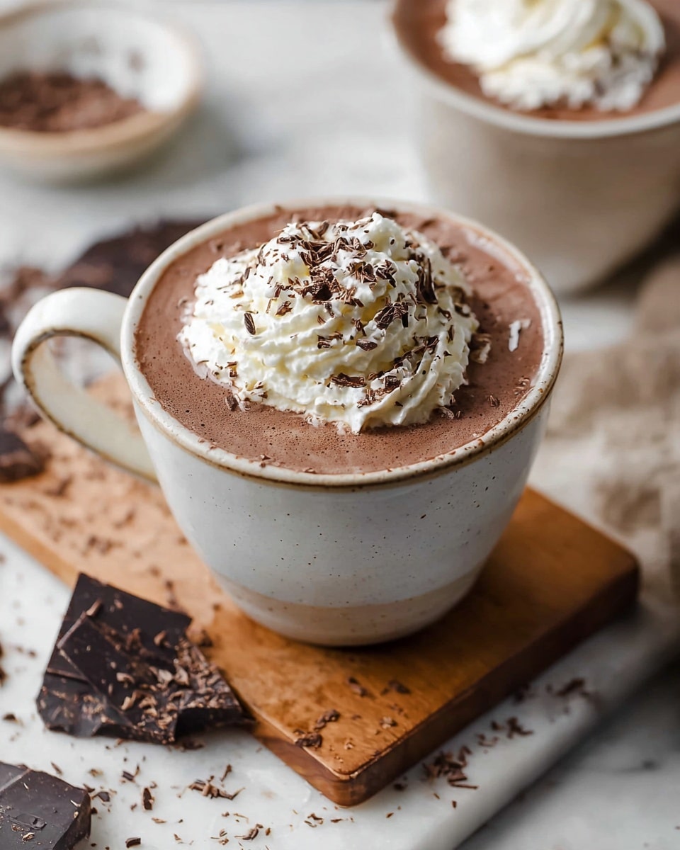A white cup filled with smooth brown hot chocolate topped with a large swirl of white whipped cream, sprinkled with dark chocolate shavings. The cup sits on a wooden board, placed on a white marbled surface with scattered dark chocolate shavings and pieces. Another cup of hot chocolate is blurred in the background. Photo taken with an iphone --ar 4:5 --v 7