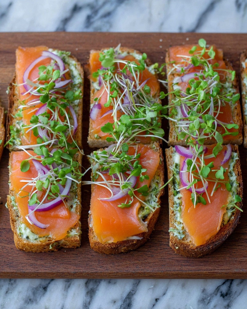 The image shows a toasted sandwich sliced into six pieces arranged neatly on a wooden board. The sandwich has a base layer of light green herb spread, topped with thin, bright orange slices of smoked salmon that cover the full surface. On top of the salmon, there are thin rings of purple-red onions scattered evenly. The final layer features fresh green microgreens spread across the entire top, adding texture and a fresh look. The background has a white marbled texture. photo taken with an iphone --ar 4:5 --v 7
