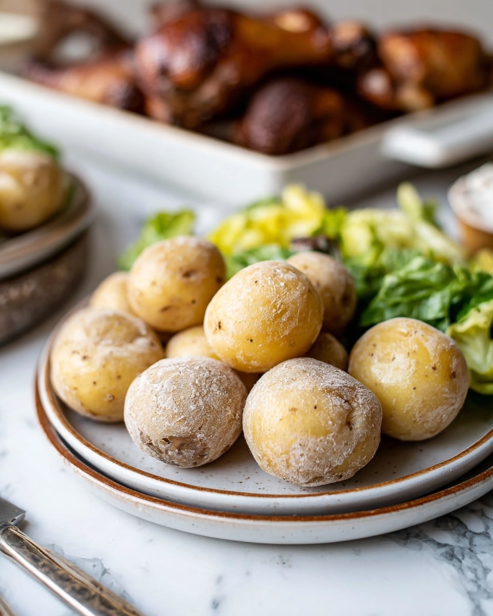 A close-up of a white round plate with a brown rim holding several small, round, light brown potatoes with a thin white powder layer on the skins in the front; behind the potatoes is a small portion of green leafy salad with light dressing; at the back left of the plate, there are two pieces of dark brown roasted drumsticks with a crispy texture; the plate is set on a white marbled surface with a silver knife handle visible at the bottom left; in the background, there is a blurred white tray with more roasted drumsticks. photo taken with an iphone --ar 4:5 --v 7