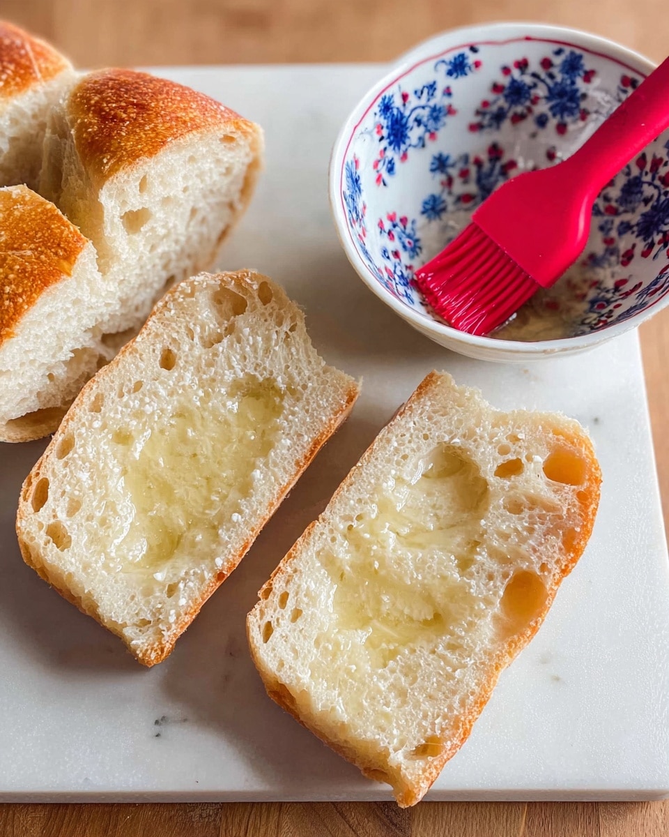The image shows three pieces of bread with a light brown crust and soft, airy inside covered in a shiny layer of melted butter. They are placed on a white cutting board that sits on a white marbled surface. To the right, a small white bowl with dark blue floral patterns contains a red silicone brush resting in melted butter. The overall setting is simple and clean, focusing on the textured bread and the buttery coating photo taken with an iphone --ar 4:5 --v 7