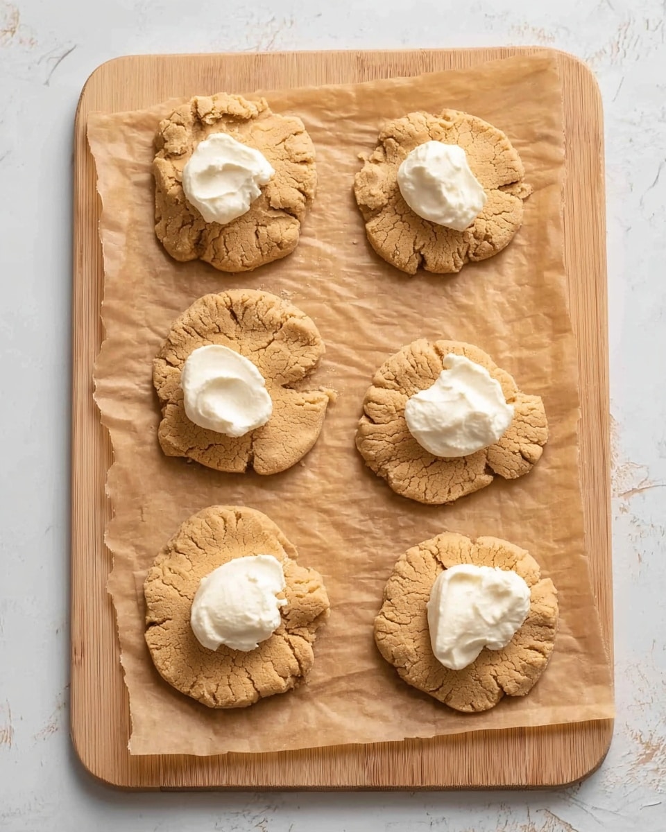 The image shows six rough, round dough pieces placed on brown parchment paper over a light wooden board. Three of the dough shapes have a dollop of white cream or soft cheese in the center, bright against the light brown dough. The dough pieces have uneven edges and a textured surface, showing their handmade nature. The background beneath the board is a white marbled texture. Photo taken with an iphone --ar 4:5 --v 7