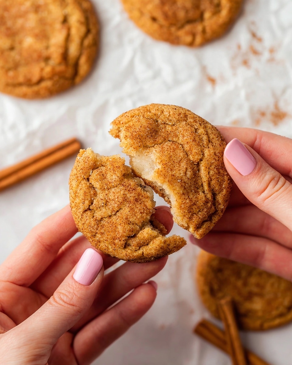 A close-up view of a golden brown cookie with a crumbly texture, held broken in half by a woman's hand with pink painted nails, showing a soft, white creamy layer inside the two cookie halves. The background features several whole cookies with the same golden brown color and rough texture scattered on a white marbled surface. The warm tones of the cookies contrast with the smooth creamy filling and the soft white background, creating a cozy, inviting feel. Photo taken with an iphone --ar 4:5 --v 7