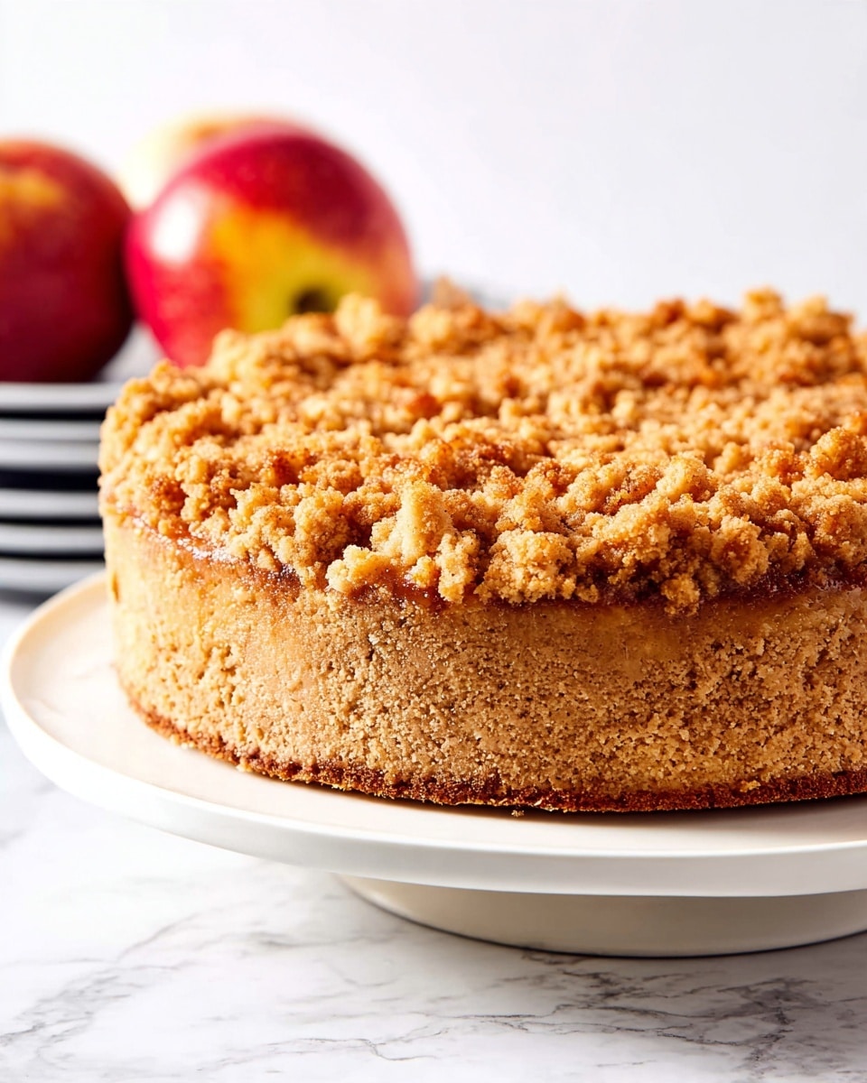 A close-up side view of a round crumb cake with two main layers: a thick, light brown dense base layer with a slightly rough texture, and a top layer full of crumbly, golden-brown streusel pieces that add a crunchy texture. The cake sits on a white cake stand with a smooth round base, placed on a white marbled surface. Two red apples with some yellow patches are blurred softly in the background, adding a touch of color. The photo is bright and well-lit, creating a warm and inviting feeling. photo taken with an iphone --ar 4:5 --v 7
