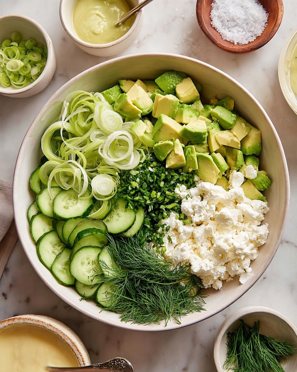 A white bowl on a white marbled surface holds a fresh salad with several layers: at the bottom, thick slices of bright green cucumber surround chunks of light green avocado in the top center. On the left, thin rings of pale green scallions are placed next to the avocado. In the center, finely chopped dark green chives are spread in a small pile. On the right side, a mound of soft white crumbled cheese sits beside fresh sprigs of dark green dill. Around the bowl, small white bowls with light green scallion slices, a jar with a creamy light yellow dressing and a spoon, and a white dish with coarse salt are visible. Photo taken with an iphone --ar 4:5 --v 7