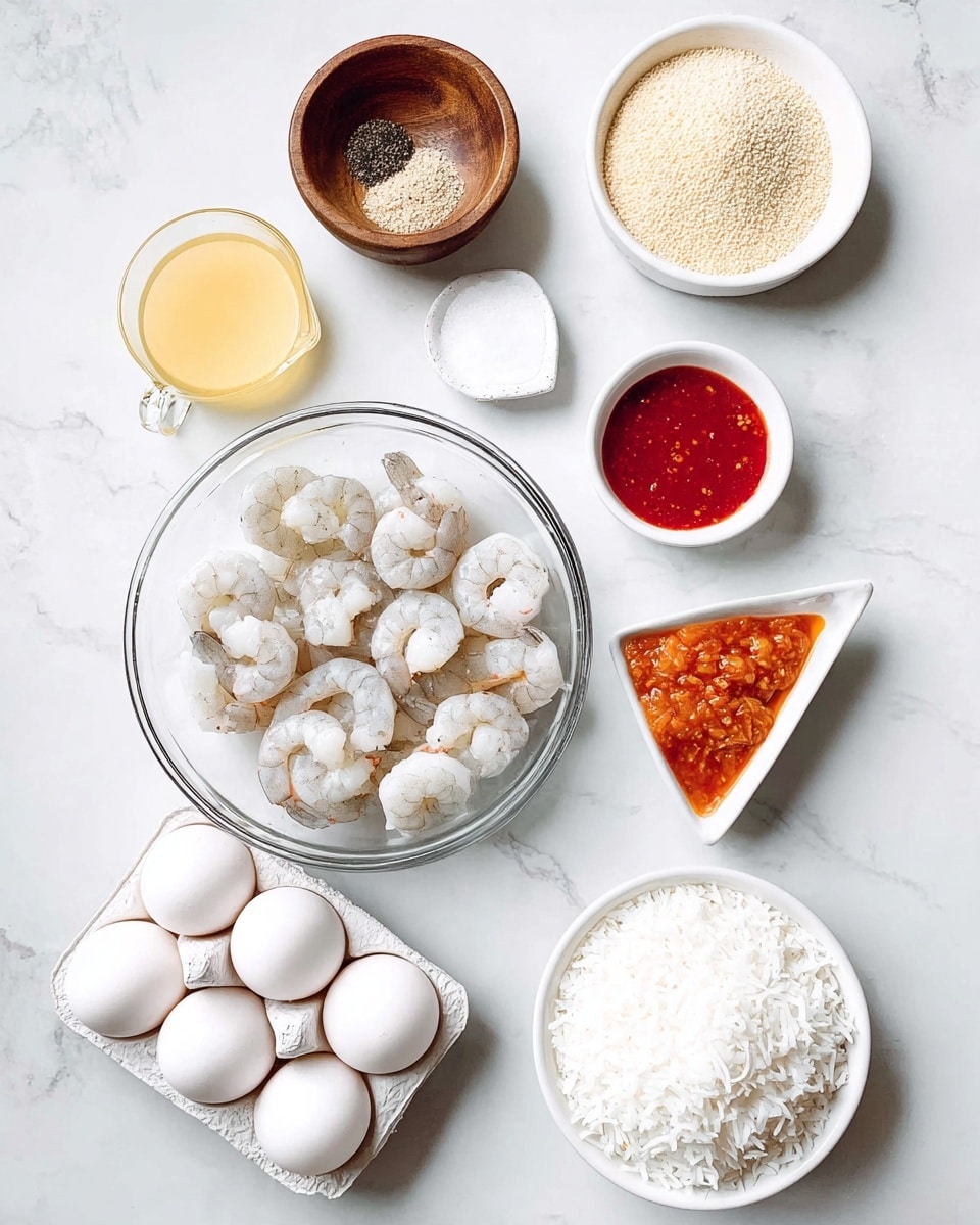 The image shows several ingredients arranged neatly on a white marbled surface. At the center, there is a clear glass bowl with raw, peeled shrimp that are pale grayish-white with tails on. To the left of the shrimp, there is a white measuring cup filled with light yellow liquid. Above it is a round wooden bowl with black pepper and white salt mixed. To the right of the shrimp, there is a white measuring cup with an orange-brown chunky sauce, and above it is a white triangular dish holding bright red sweet chili sauce. Below the shrimp, there is a white bowl full of flaky white coconut. On the bottom left corner, a white egg carton holds four white eggs against the surface. Above the eggs, a white measuring cup holds a coarse light tan dry mixture. The overall look is clean and organized with all items on the white marbled surface. Photo taken with an iphone --ar 4:5 --v 7