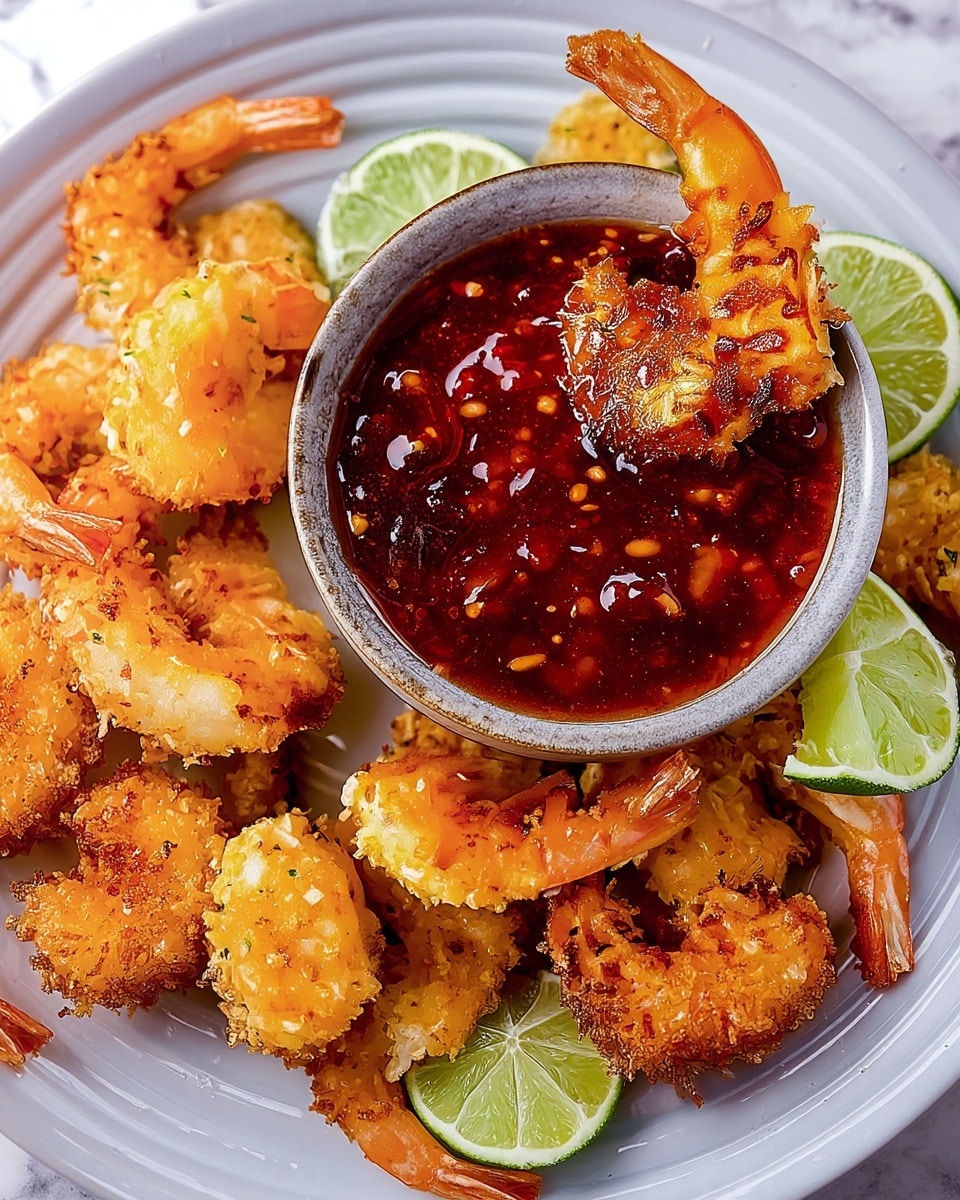 A white plate holds many golden brown fried shrimp with the orange-pink tails showing, arranged around a small gray bowl filled with thick, shiny dark red sauce that has visible chili flakes and seeds. A single fried shrimp is partly dipped into the sauce, with its textured crispy coating clearly visible. Two lime wedges with bright green outer edges rest on the white marbled surface near the plate. The detailed textures of the crispy shrimp and the glossy sauce create a fresh and tasty look. Photo taken with an iphone --ar 4:5 --v 7