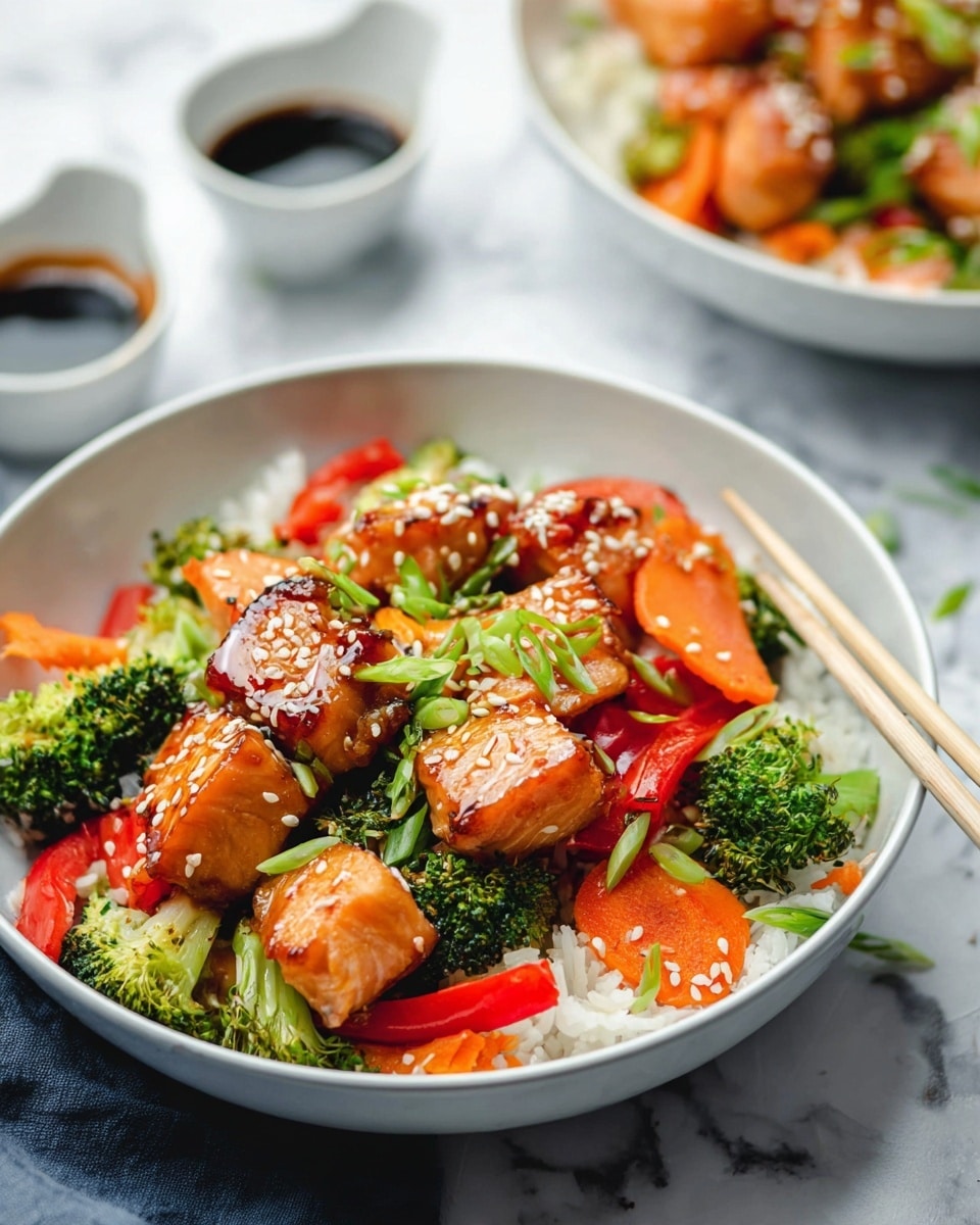 In a white bowl, a colorful dish sits with three main layers: the bottom layer is white rice, topped with bright green broccoli pieces mixed with thin orange carrot sticks and slices of red bell pepper, and the top layer shows shiny, golden brown cubes of cooked salmon sprinkled with white sesame seeds and small green onion pieces. A pair of chopsticks rests on the bowl’s edge. In the background, there is another bowl with the same dish and two small white containers holding dark and light sauces, all set on a white marbled surface. Photo taken with an iphone --ar 4:5 --v 7