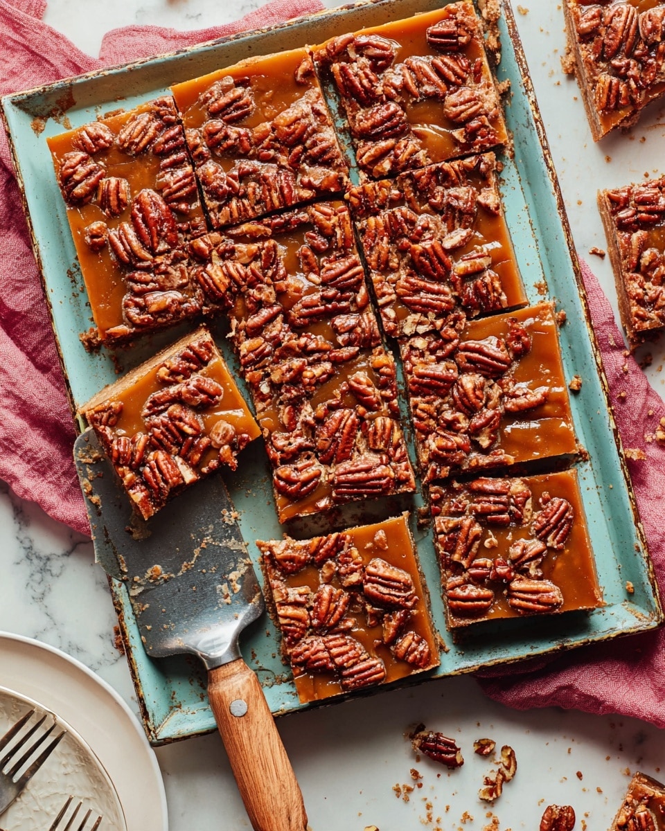 The image shows a rectangular tray filled with pecan bars, each bar cut into squares. There are two layers: a thick, smooth, light brown base and a rich layer of glossy caramel-colored topping densely covered with whole and halved dark brown pecans. Some squares are slightly pulled apart, revealing a firm but soft texture. A metal spatula with a wooden handle holds one piece near the bottom, and the tray sits on a white marbled surface with crumbs scattered around. The edge of a white plate with a fork and a corner of a pink cloth are visible at the sides. Photo taken with an iphone --ar 4:5 --v 7